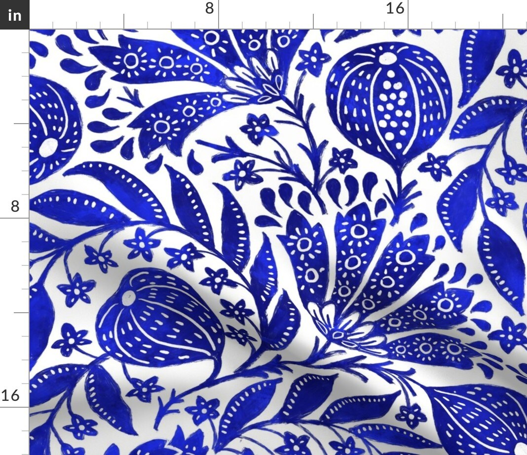 Cobalt Blue Botanical Bright White Indian Floral Figs Custom Printed Fabric by Spoonflower Various Fabrics by the Yard or Fat Quarter
