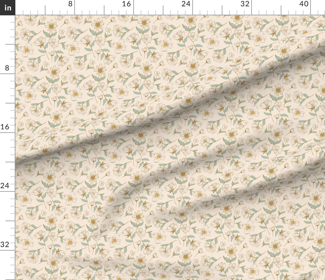 Petal Signature Cotton by the Yard or Fat Quarter 70S Floral Whimsical Retro Cream Flowers Botanical Cottage Vintage Custom Printed Fabric by Spoonflower