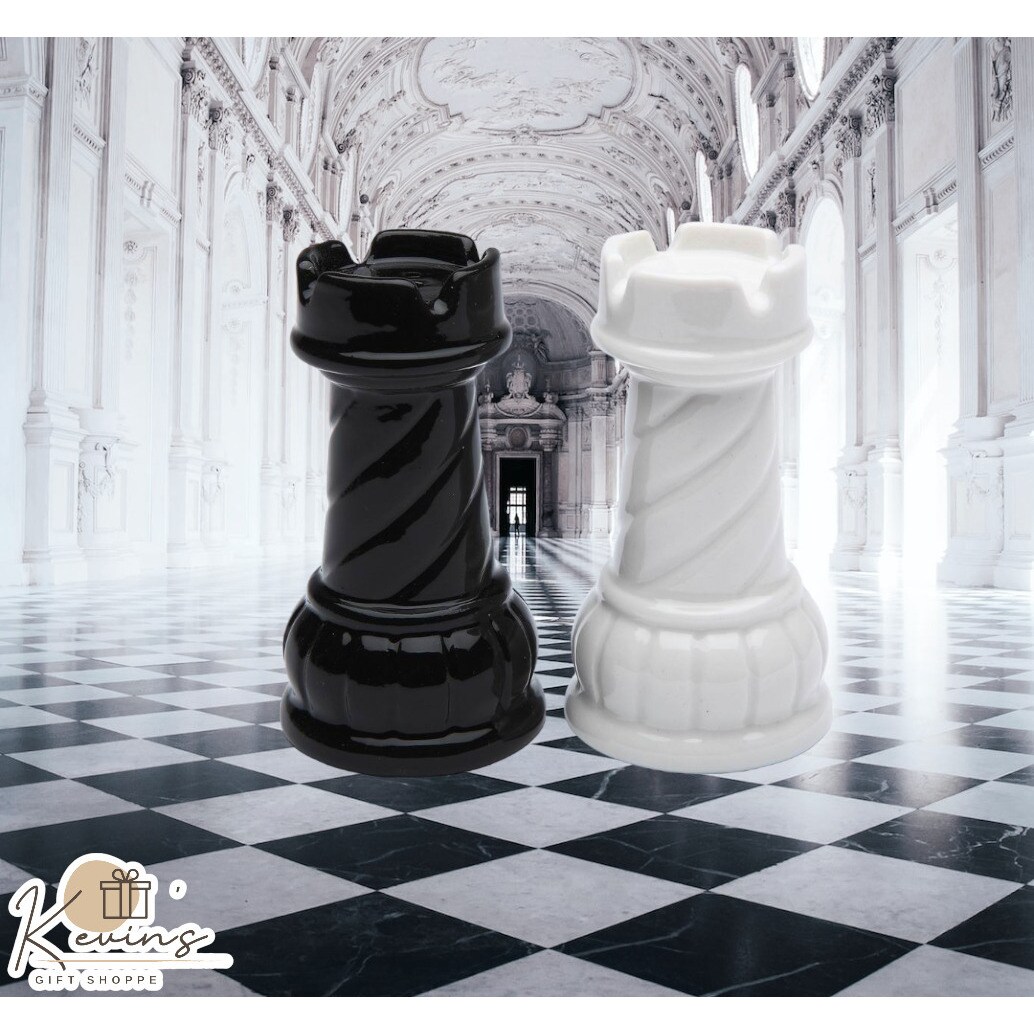 Hand Crafted Ceramic Black and White Rook Chess Piece Salt and Pepper Shakers