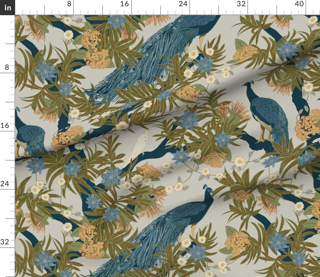 Exotic Peacock Floral Cockatiel Tropical Botanical Tree Maximalist Large Scale Birds Custom Printed Fabric by Spoonflower Various Fabrics by the Yard or Fat Quarter