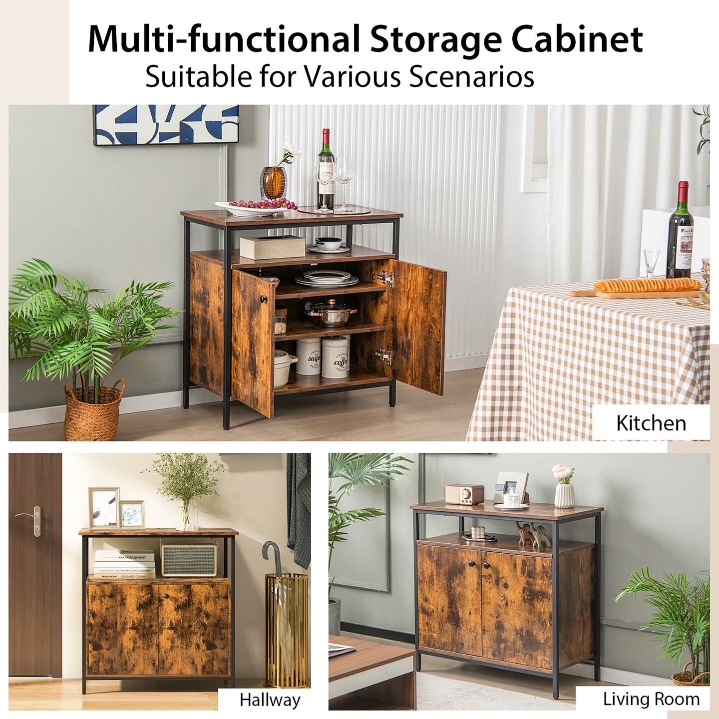 Costway Industrial 2-Door Buffet Sideboard Kitchen Cupboard Storage Cabinet with Open Shelf