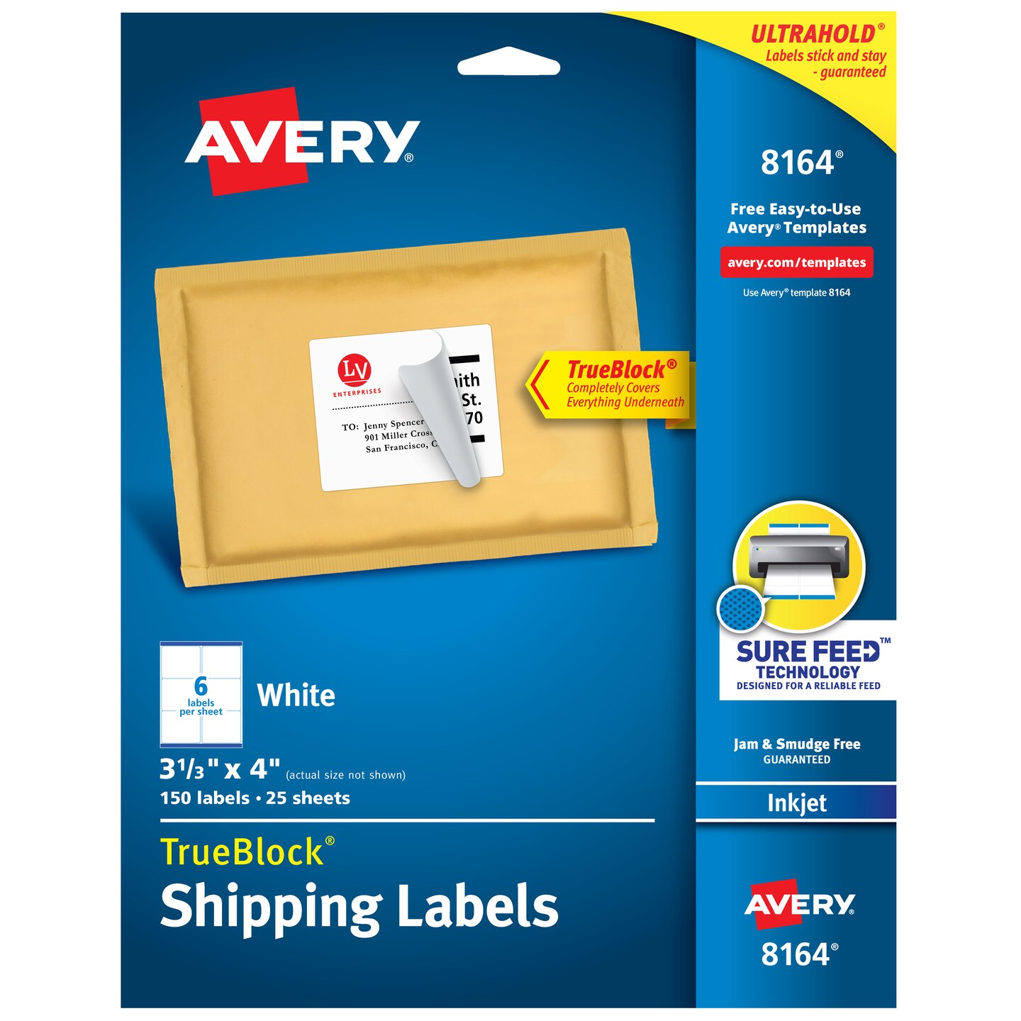 Avery TrueBlock Shipping Labels, Sure Feed Technology, Permanent Adhesive, 3-1/3&#x22; x 4&#x22;, 150 Labels (8164)