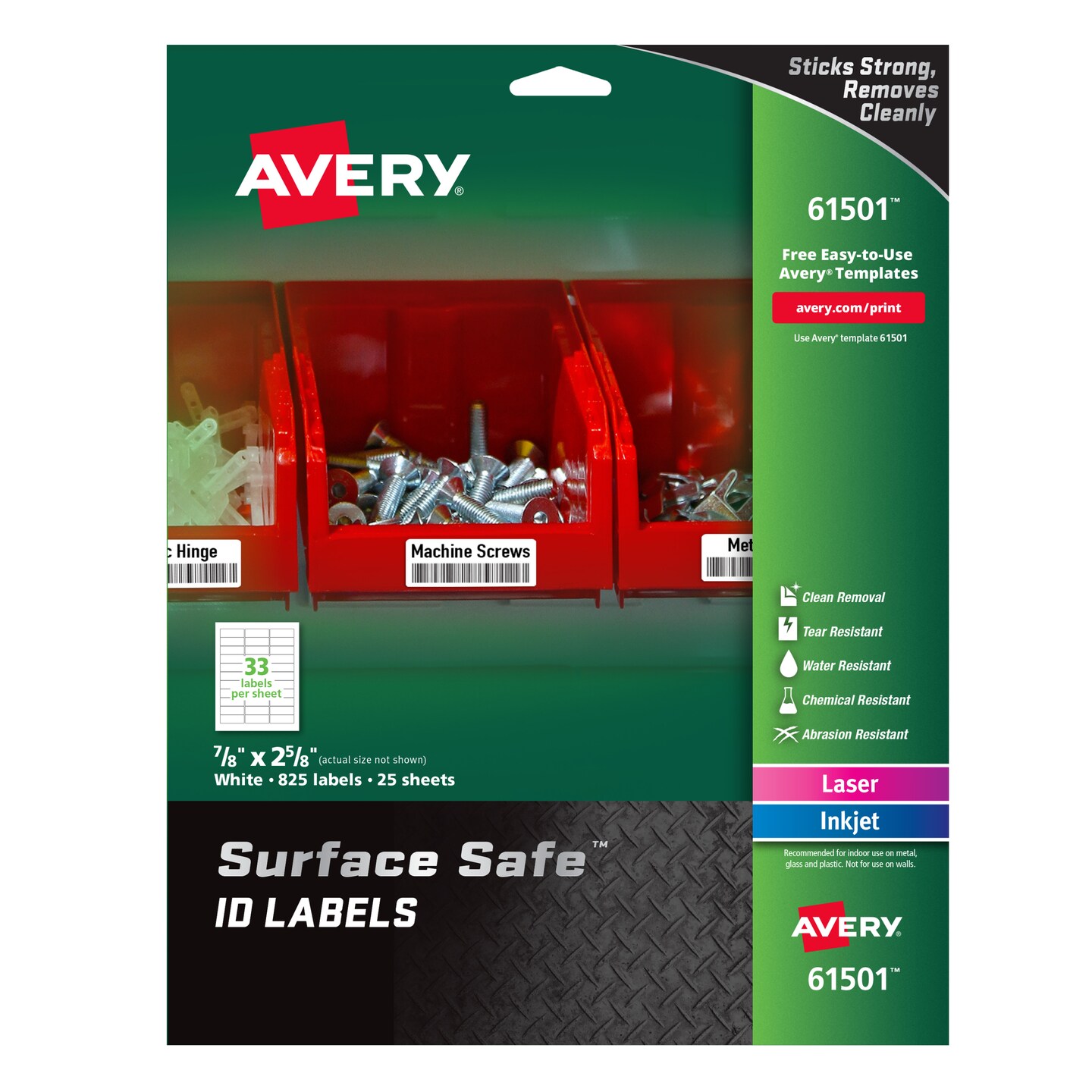 Avery Surface Safe ID Labels, 7/8&#x22; x 2-5/8&#x22;, Water Resistant, Matte White, Removable Adhesive, 825 Labels (61501)