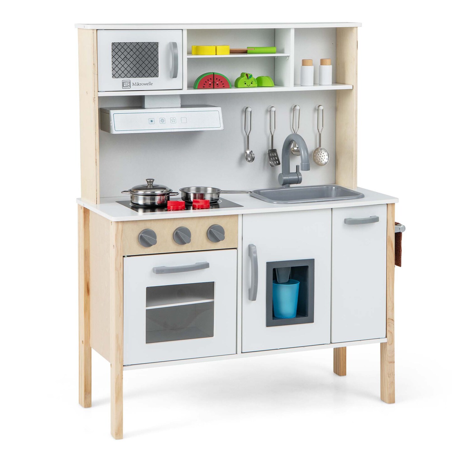 Costway Kids Kitchen Playset Wooden Pretend Play Chef Toy w/ Microwave &#x26; Accessories