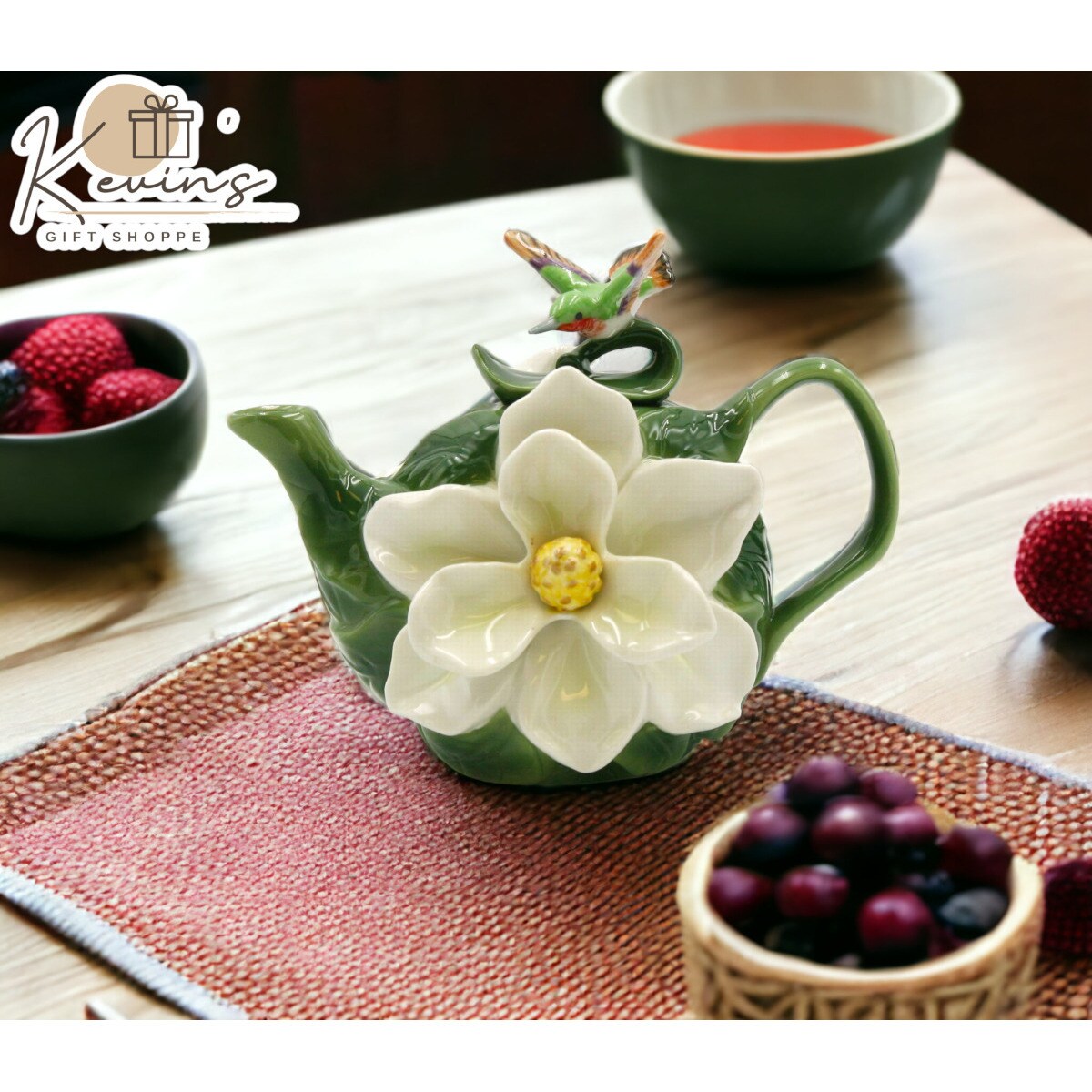 Ceramic Magnolia Flower with Hummingbird Teapot,Ceramic Tea Kettle for Tea