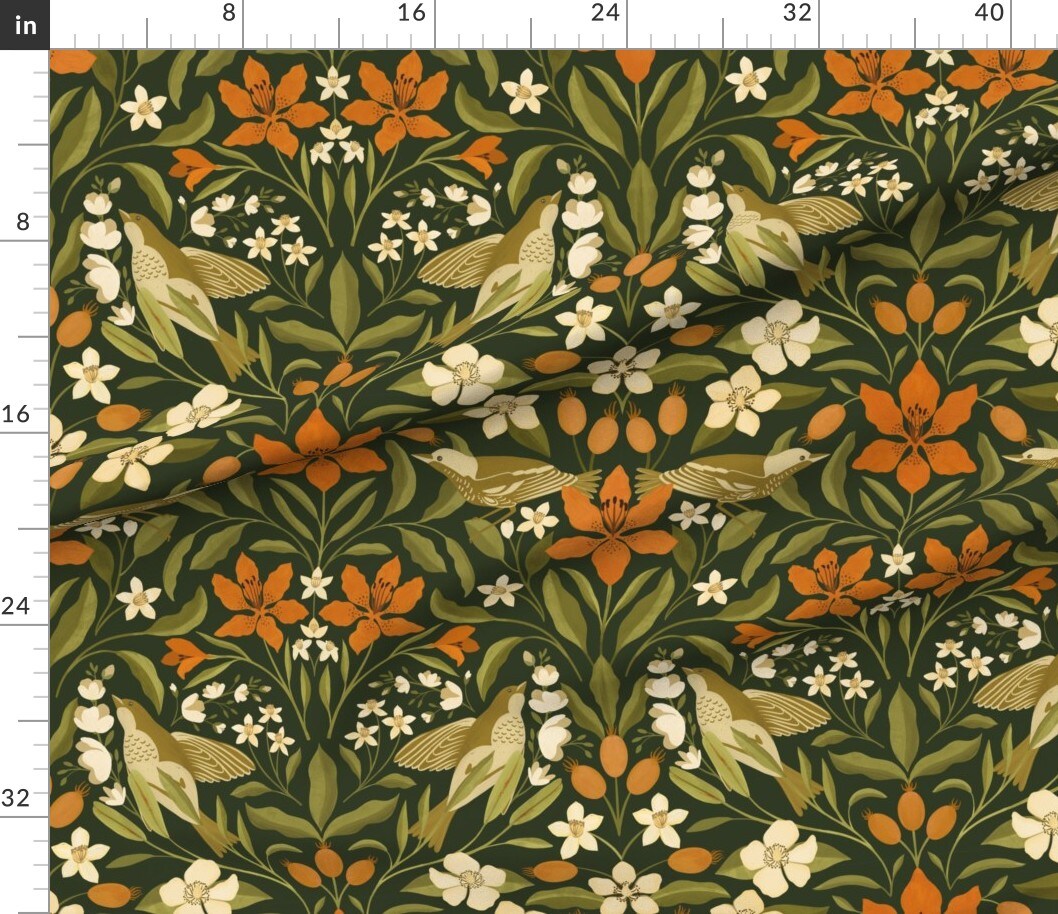Petal Signature Cotton by the Yard or Fat Quarter Jumbo Floral Green Leaves Orange Lily Flowers Birds Custom Printed Fabric by Spoonflower