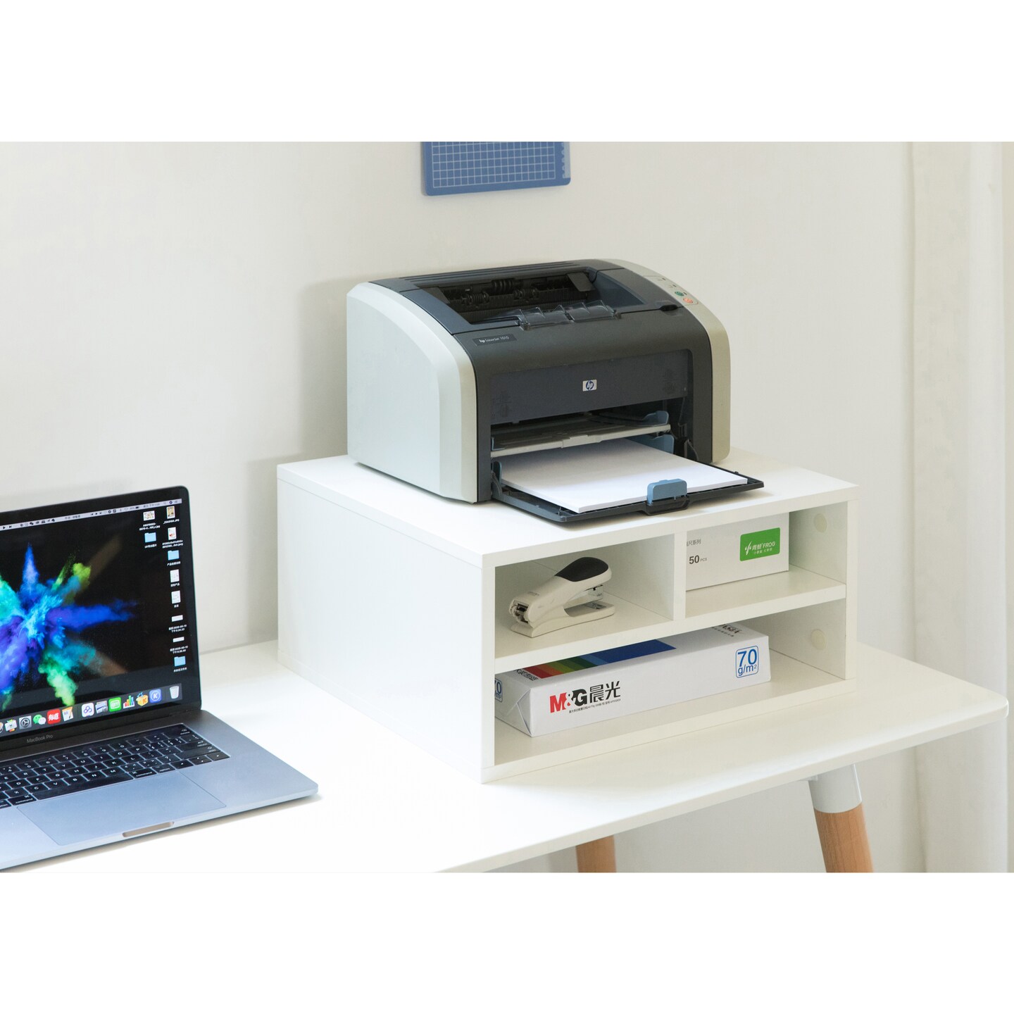 Basicwise Printer Stand Shelf Wood Office Desktop Compartment Organizer