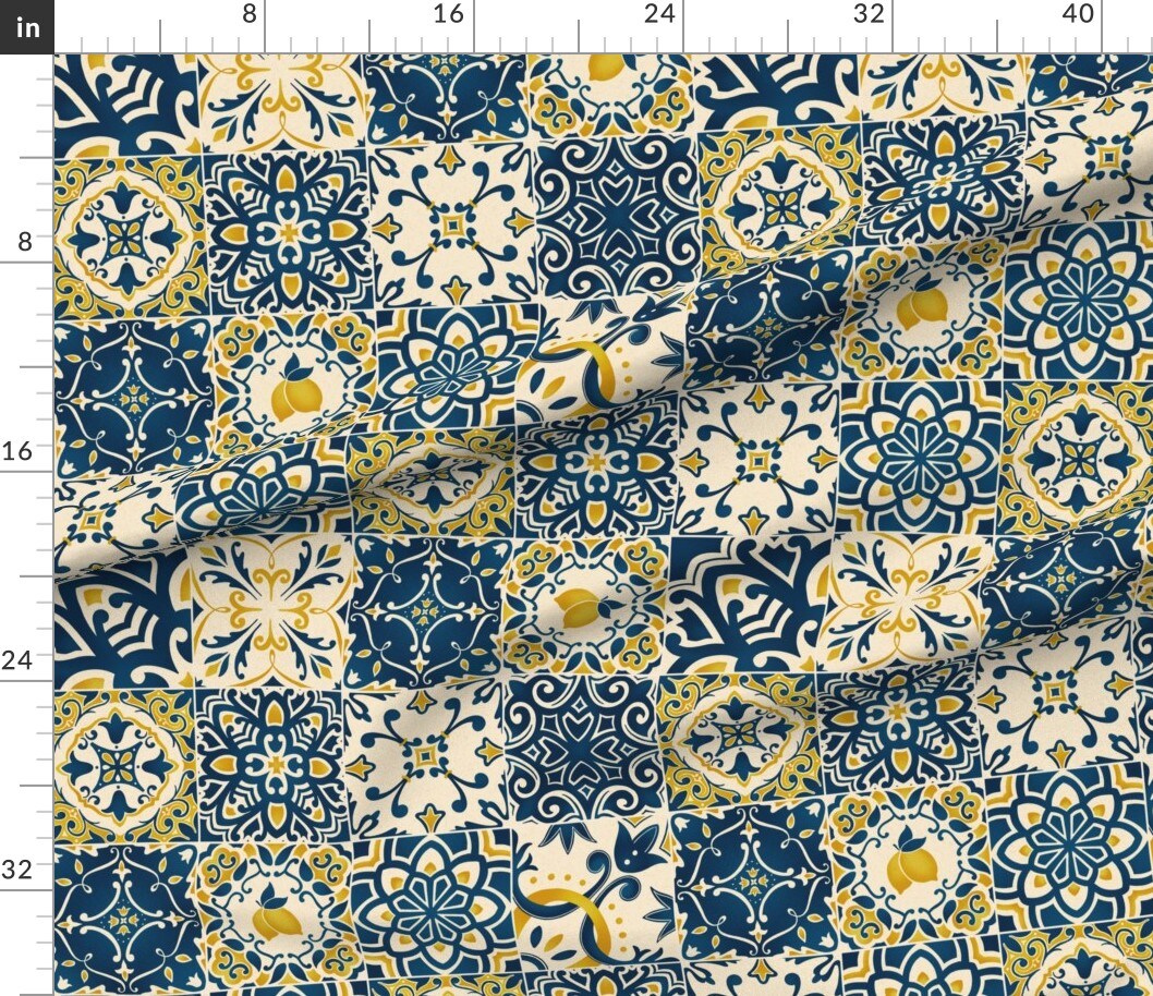 Yellow Tiles Lemons Cheater Quilt Italian Mediterranean Azulejos Sicilian Karge Scale Tuscan Custom Printed Fabric by Spoonflower Various Fabrics by the Yard or Fat Quarter
