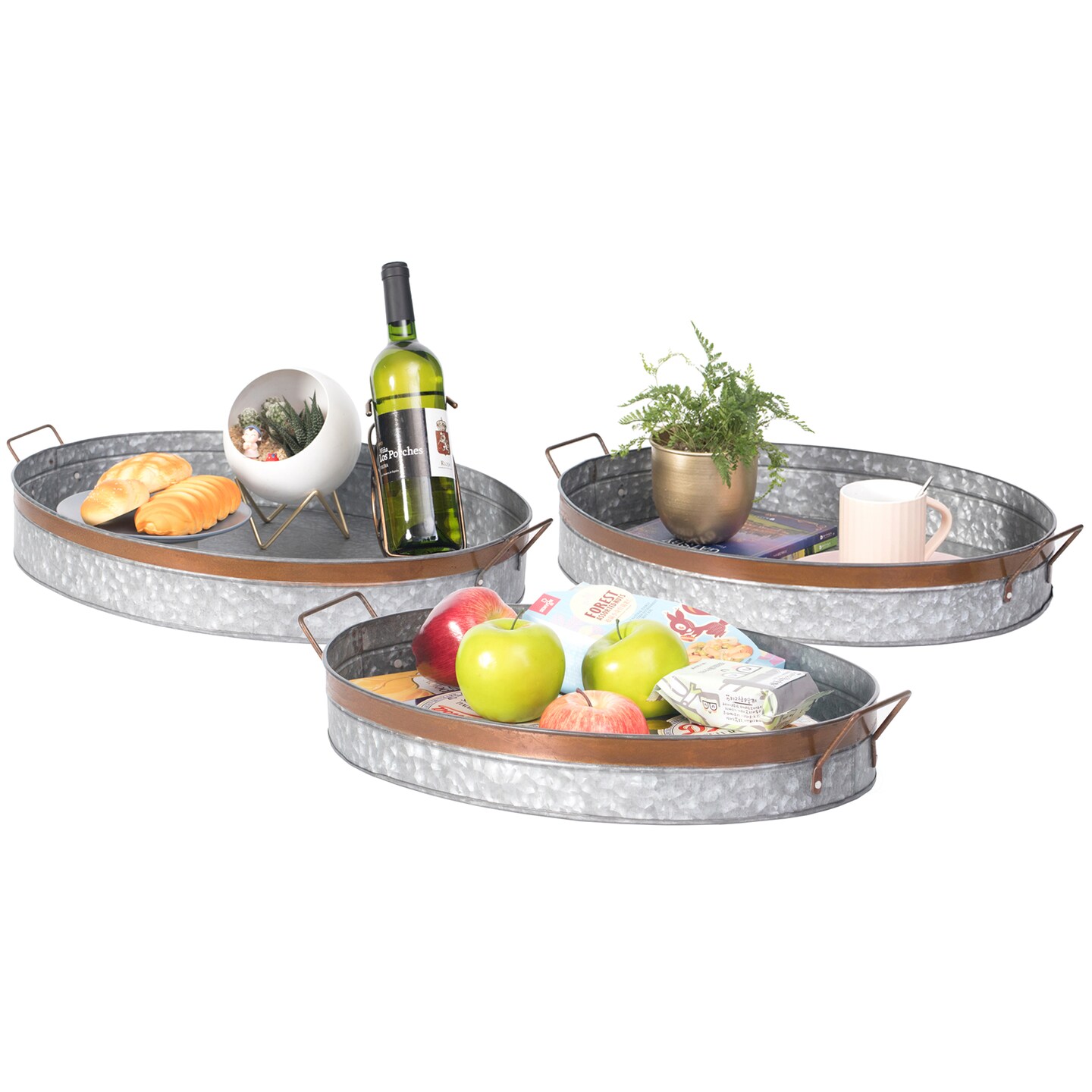 Galvanized Metal Oval Rustic Serving Tray With Handles Large Decorative Tray