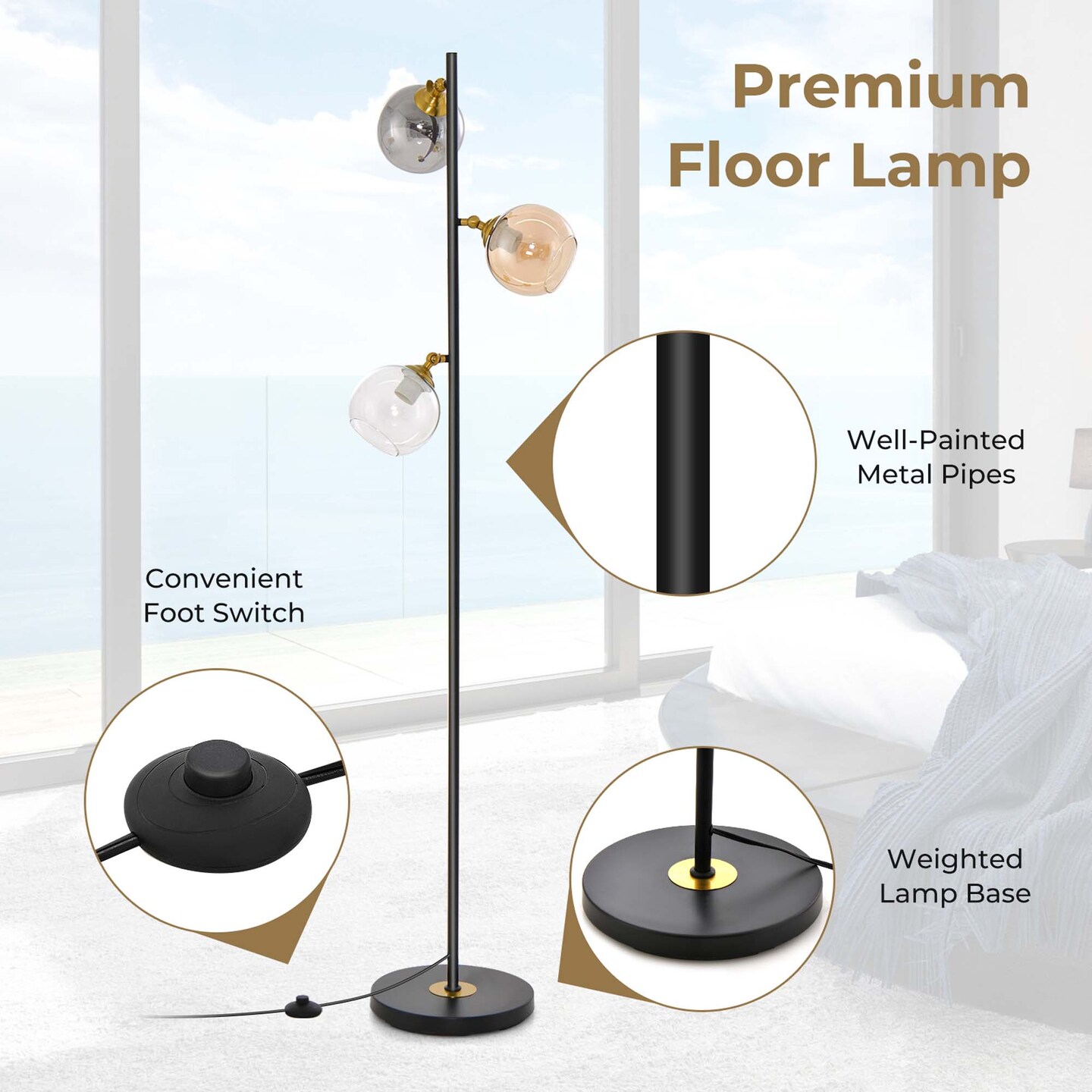 Costway Mid Century Floor Lamp Freestanding with 3 Glass Globe Lampshades &#x26; Foot Switch