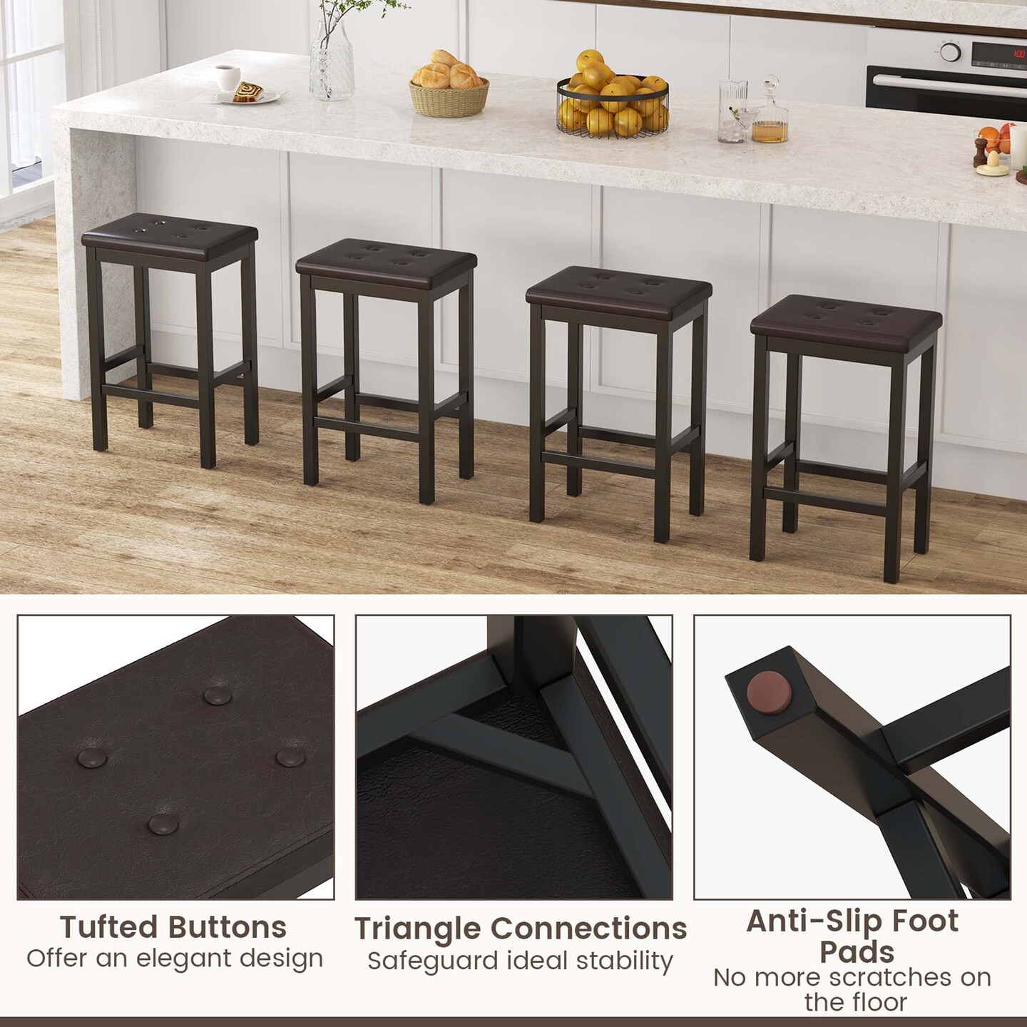 Costway Set of 2 Rubber Wood Bar Stools 24&#x22; Counter Height Stool with Padded Seat, Footrest Brown &#x26; Black/Gray &#x26; White