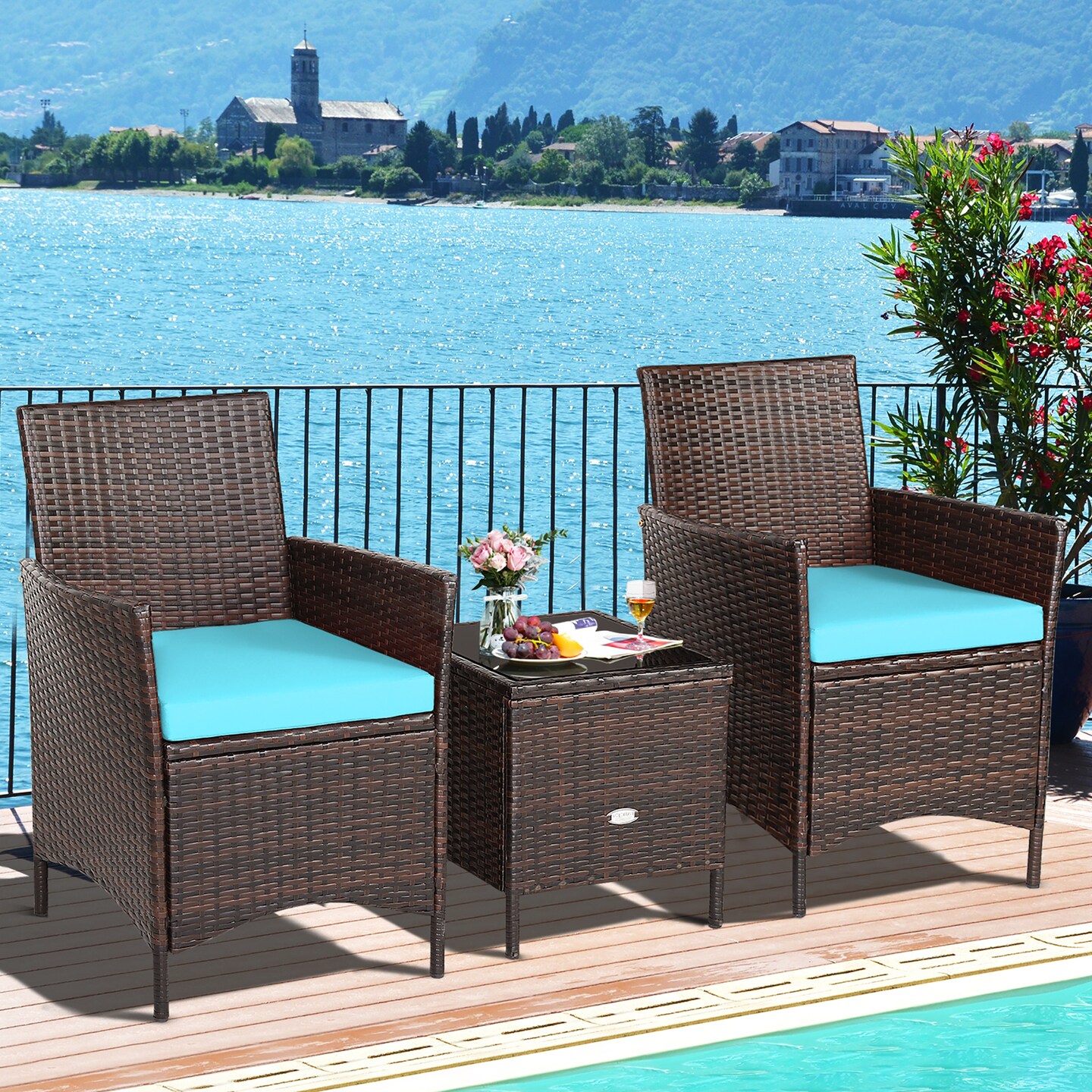 Costway 3PCS Patio Rattan Furniture Set Cushioned Sofa Glass Tabletop Deck Red\Blue\ White