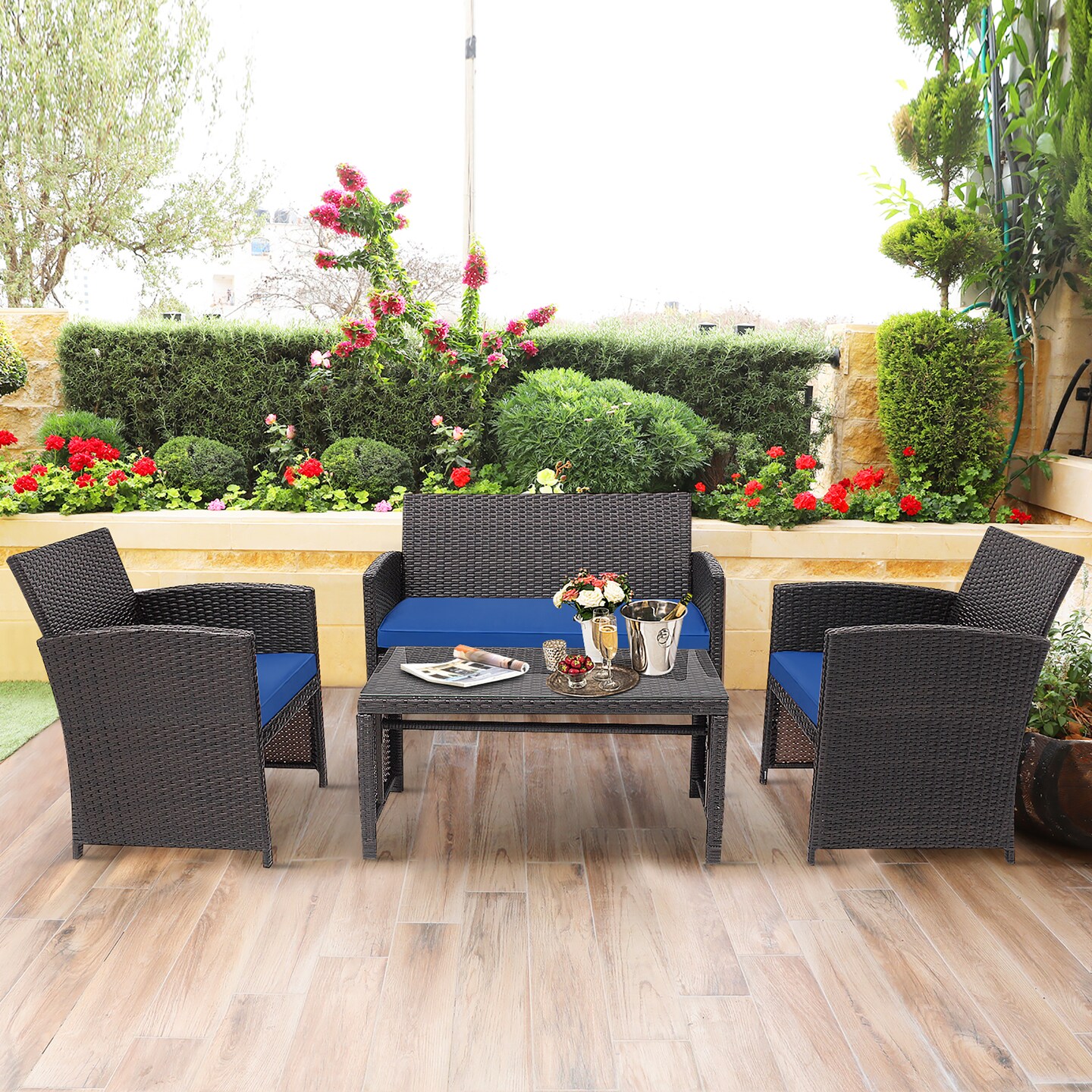 Costway 8PCS Patio Rattan Furniture Set Cushioned Chair Sofa Coffee Table White\Navy\Turquoise\Red