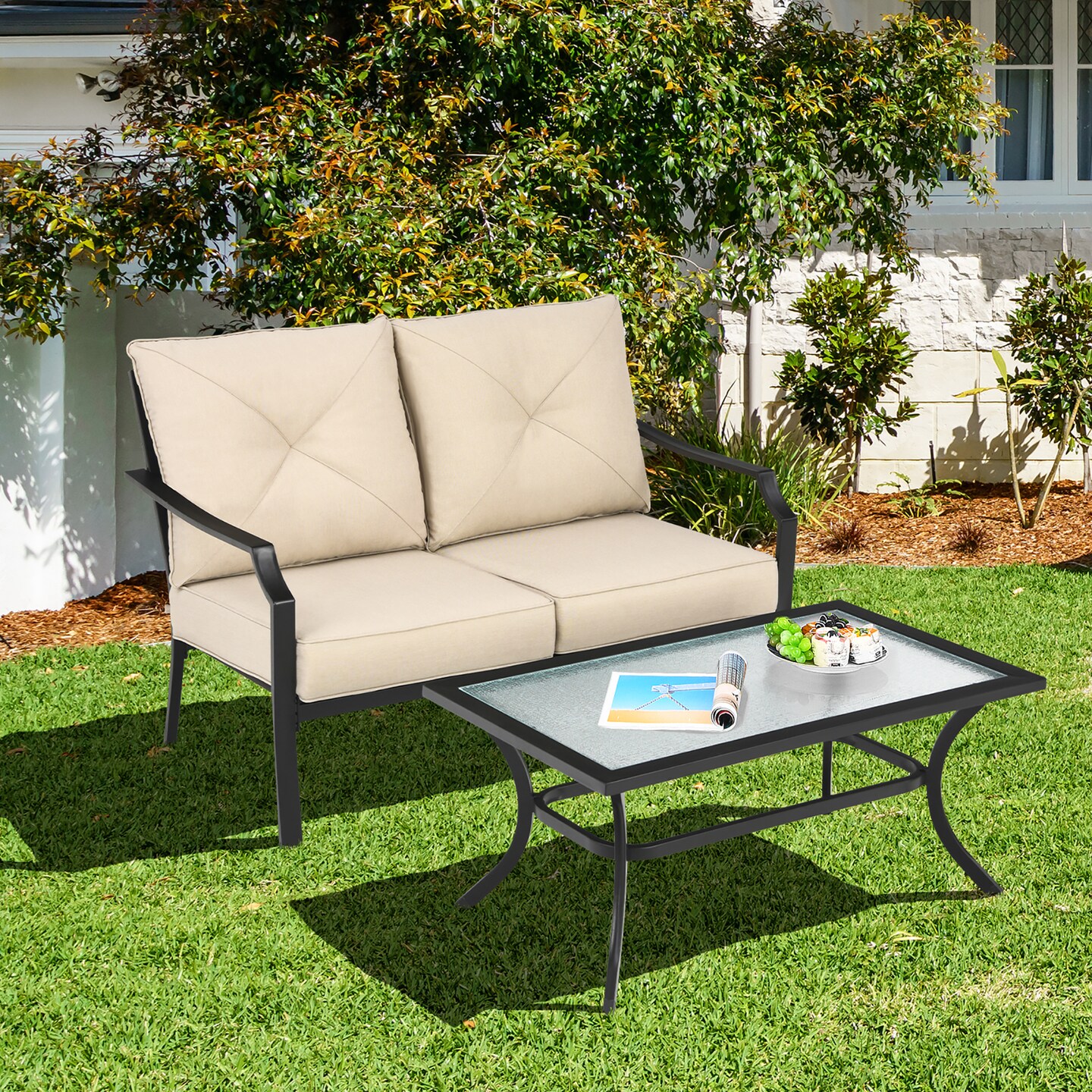 Costway PCS Patio Loveseat with Coffee Table Outdoor Sofa Bench with  Cushions