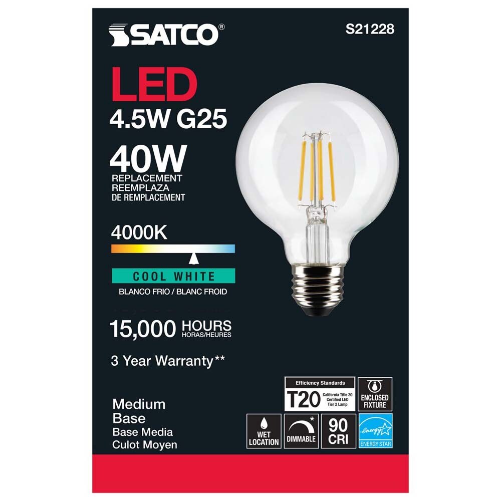 6Pk - Satco 4.5w G25 Globe Filament LED 4000K Medium Base Dimmable - 40w equiv