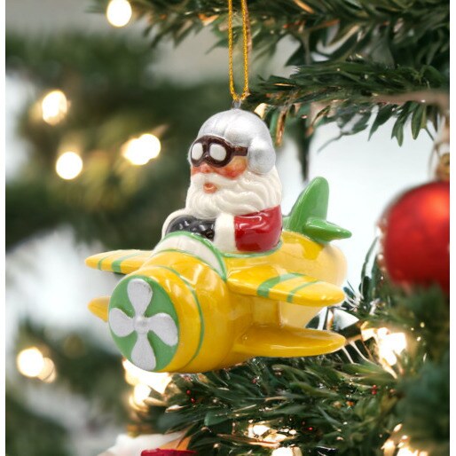 Santa Ornament - Yellow Airplane Gift Idea or Home Decoration Holiday Gift Idea