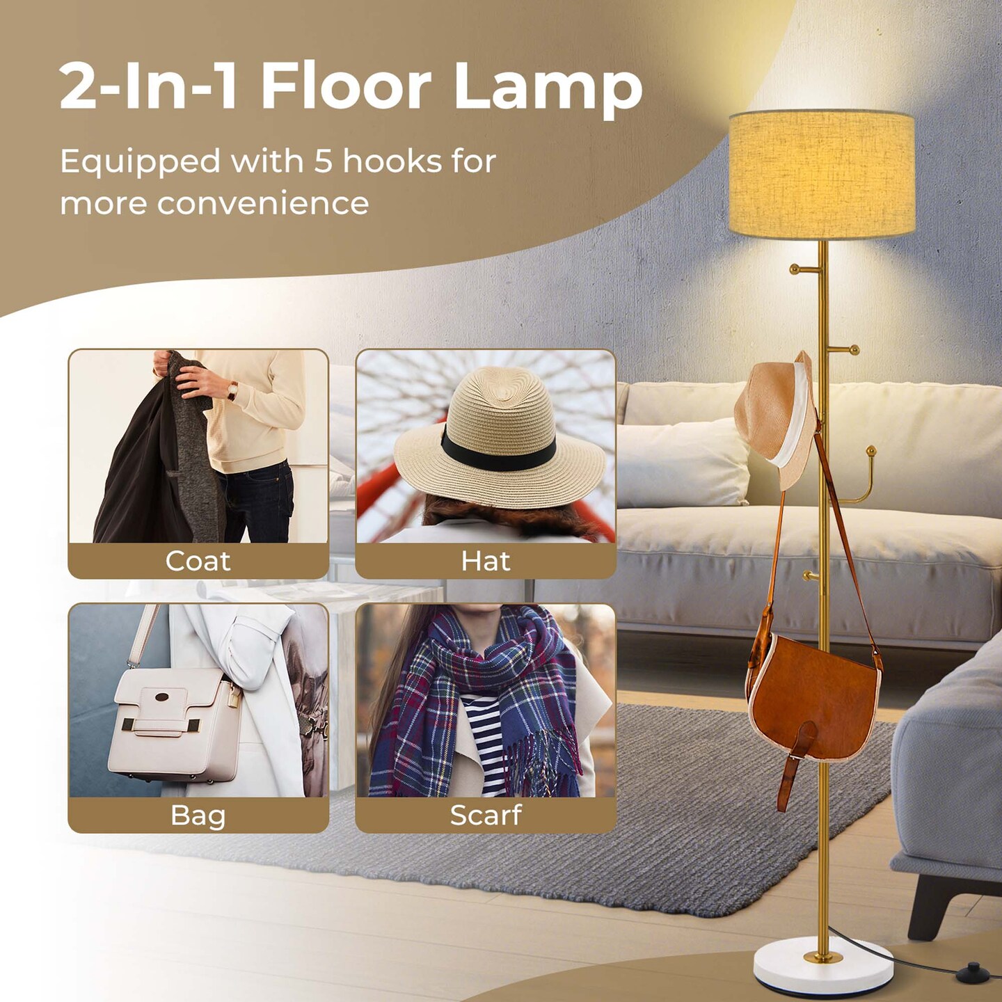 Costway Floor Lamp with Coat Rack 5 Hooks Foot Switch Weighted Base Bedroom Living Room