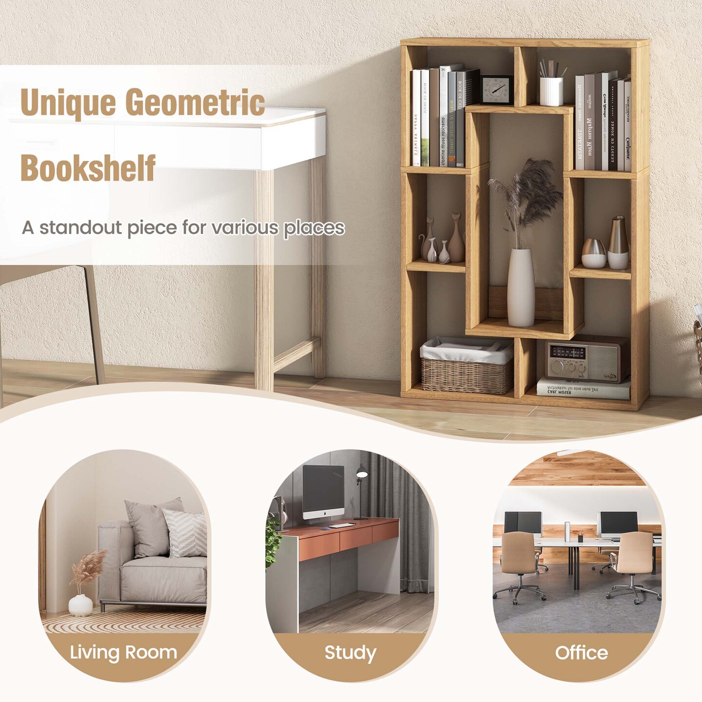 Costway 7-Cube Geometric Bookshelf with Anti-Toppling Device Modern Open Bookcase White/Black/Oak/Rustic Brown/Natural/Grey