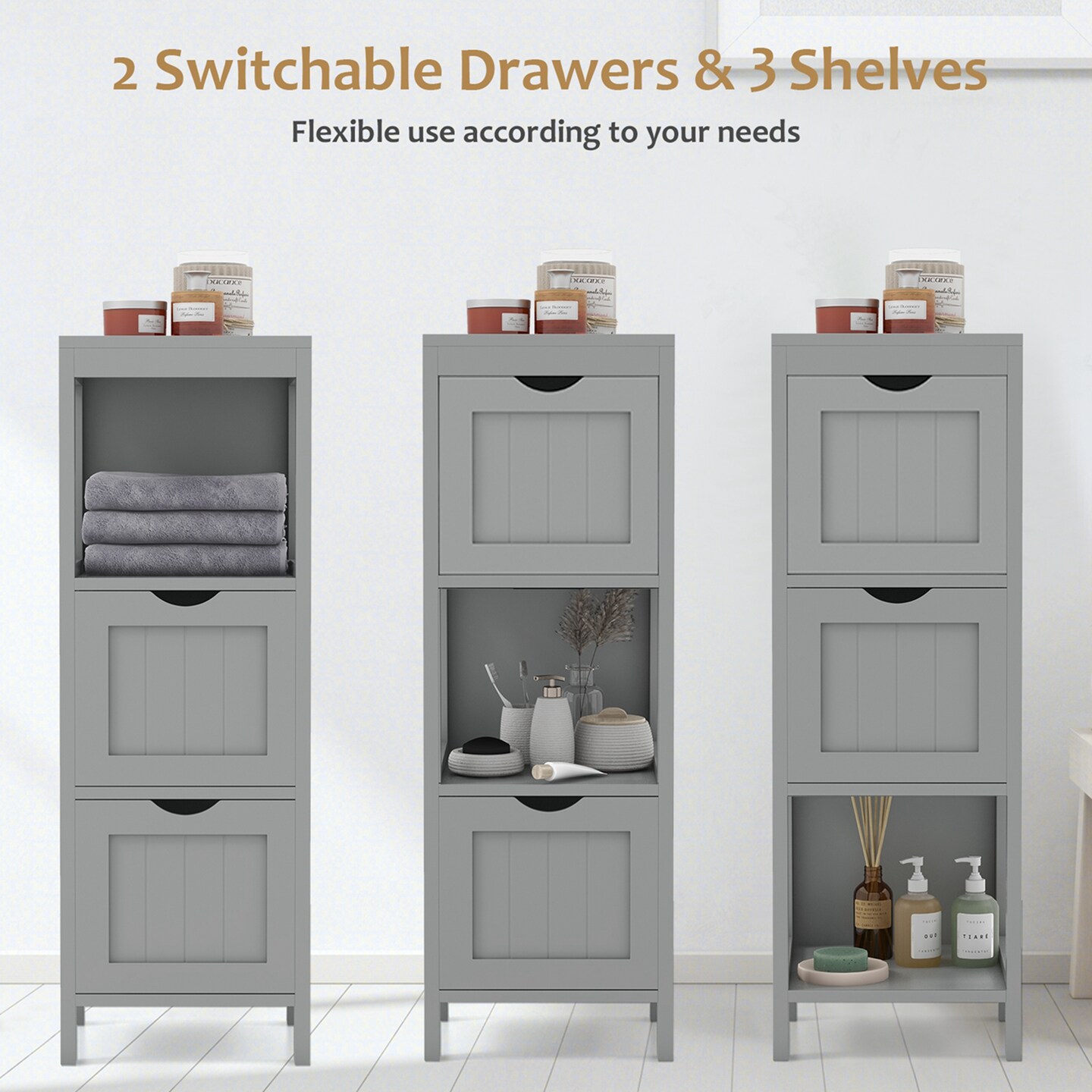 Costway Bathroom Floor Cabinet Freestanding Side Storage Organizer with 2 Removable Drawers Brown/Grey/Black