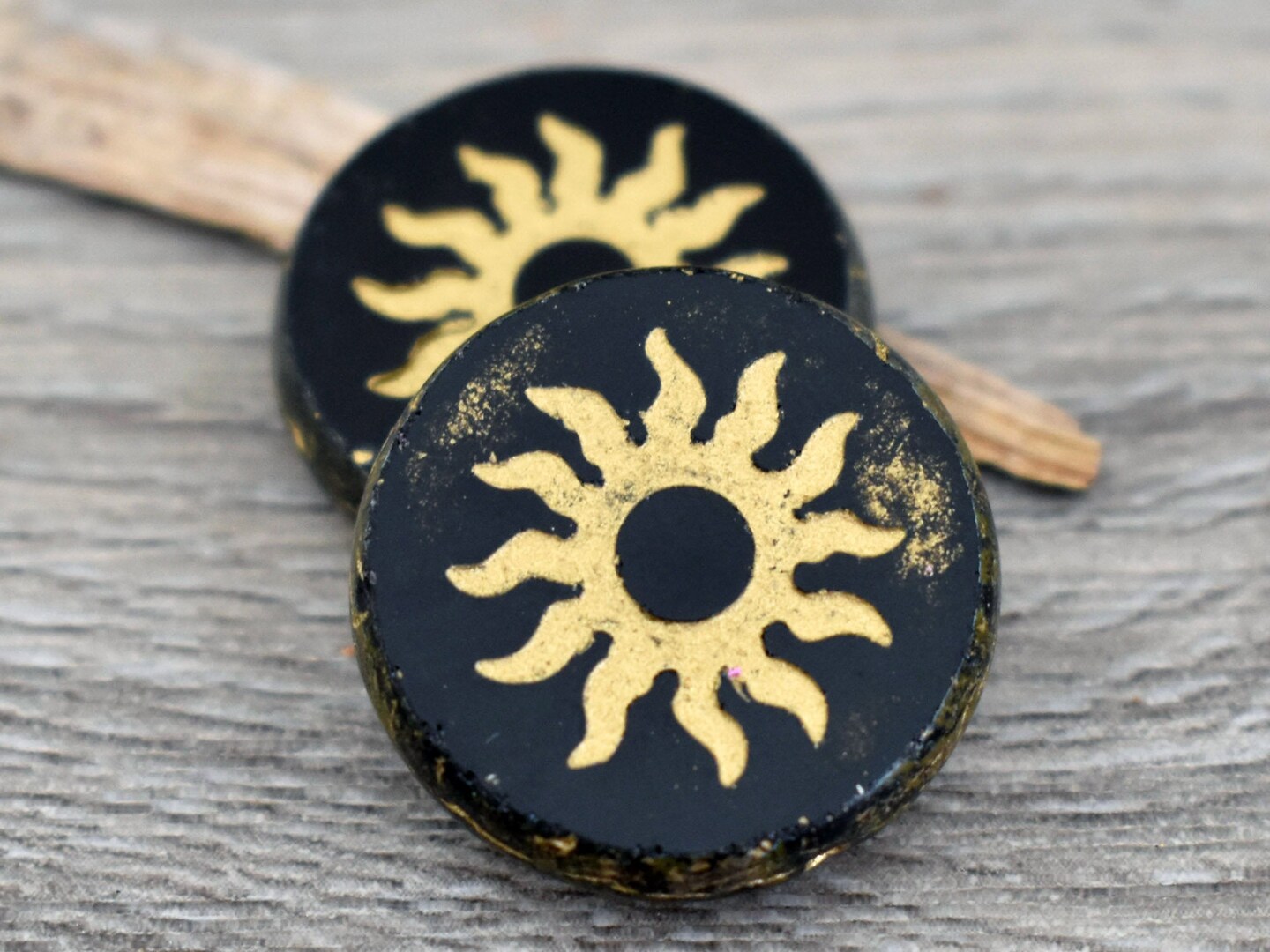 21mm Gold Washed Jet Picasso Table Cut Sun Design Coin Beads