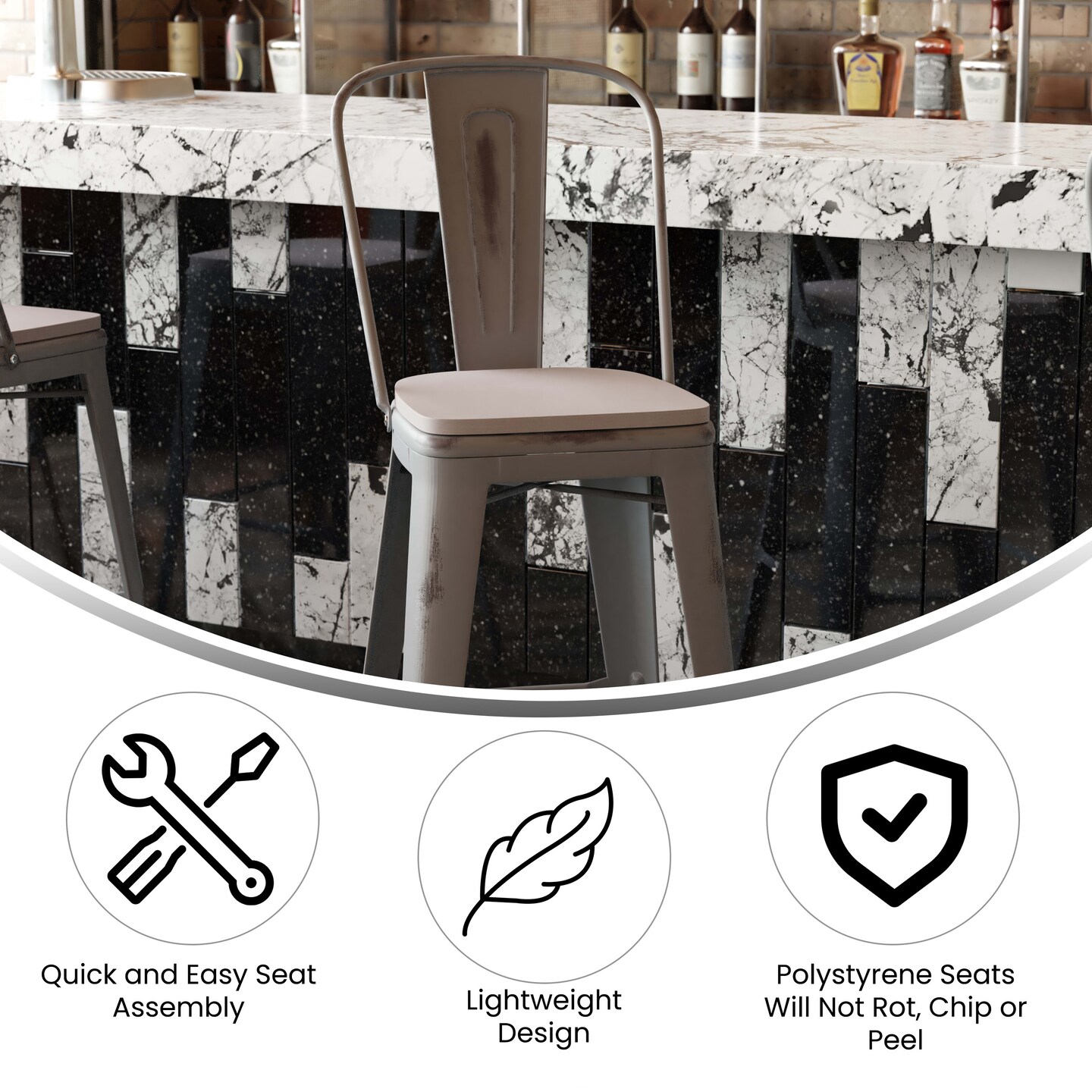 Emma and Oliver Nova Distressed Metal Stools with Backs and Polystyrene Seats for Indoor/Outdoor Use
