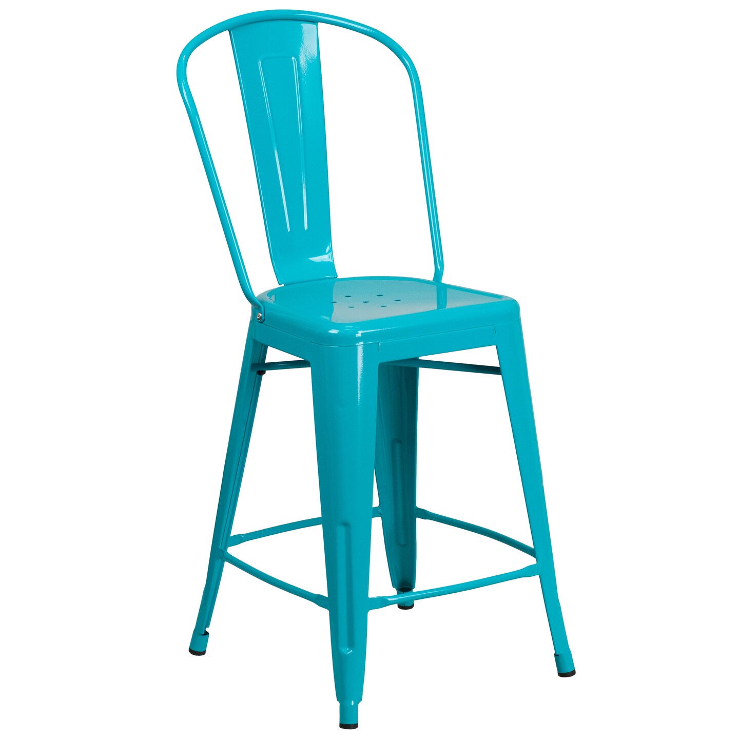 Merrick Lane Stella 24&#x22; Metal Indoor-Outdoor Counter Stool with Vertical Slat Back and Integrated Footrest