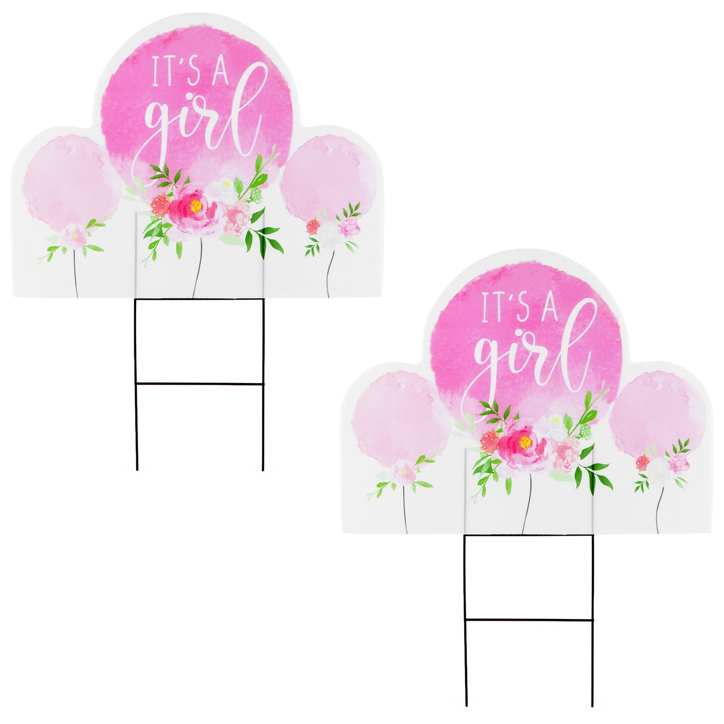 2 Pack It&#x27;s A Girl Yard Sign with Stakes, Floral Baby Shower Party Decorations (17 x 13 In)