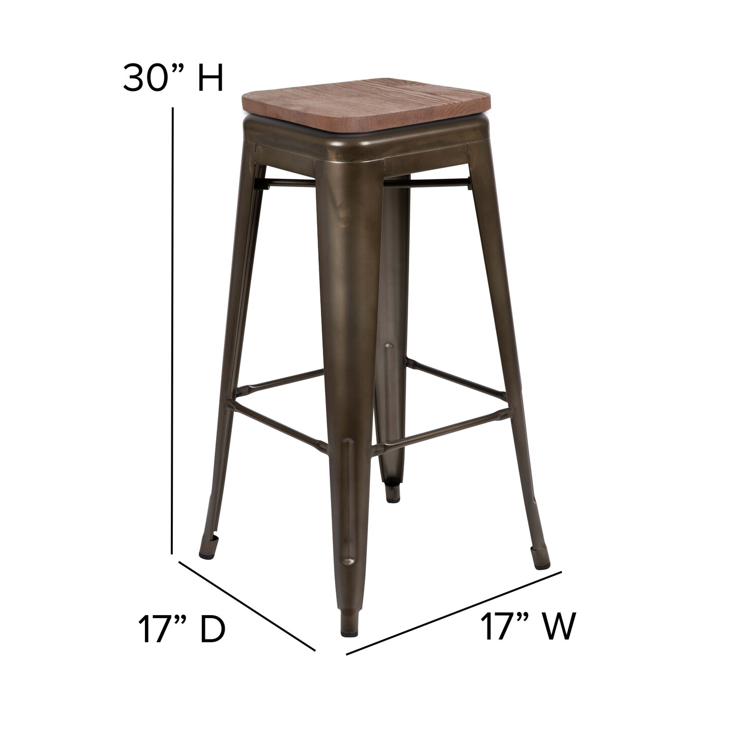 Merrick Lane Brooklyn Set of Four Metal Backless Wood Square Seat Bar Stools With Cross Braces