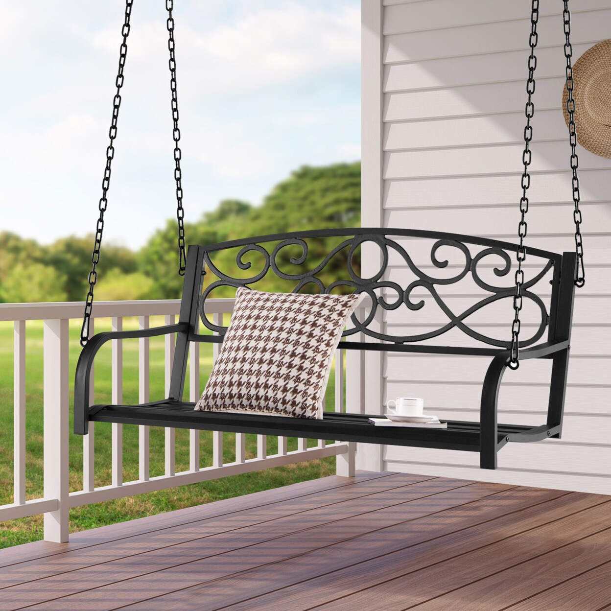 Patio Hanging Porch Swing Outdoor 2-Person Metal Swing Bench Chair W/ Chains