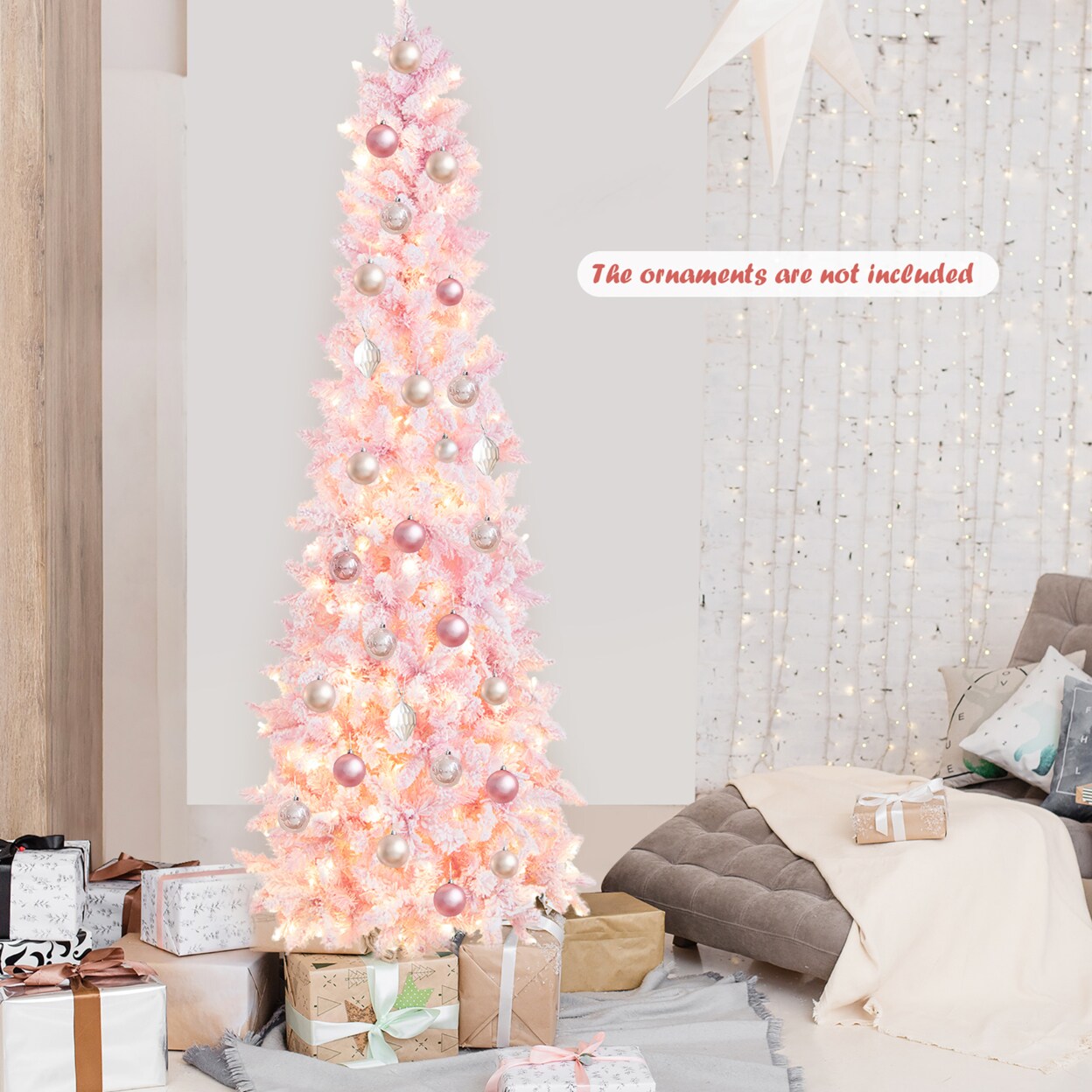 7Ft Pre-Lit Flocked Christmas Pencil Snow Tree Holiday Decor Tree W/ Led Lights