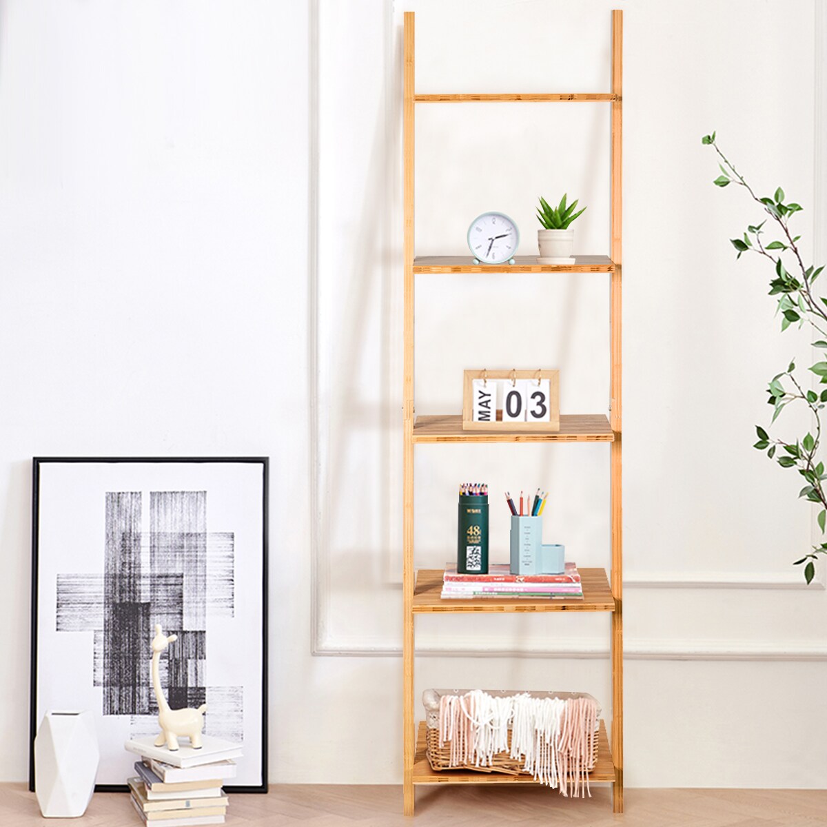 Costway 5-Tier Ladder Shelf Modern Bamboo Leaning Bookshelf Ladder Bookcase Open Display