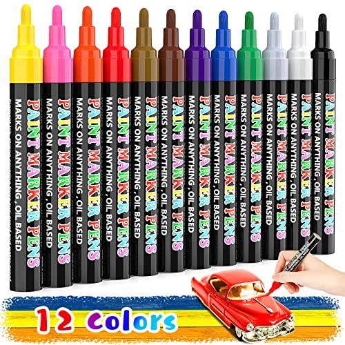12 Colors Paint Pen Paint Markers, Oil-Based Waterproof Marker Pens, Permanent Fabric Paint Quick Dry Marker for Metal, Egg, Tire, Rock, Wood, Canvas, Plastic, Glass, Engineer, DIY Craft