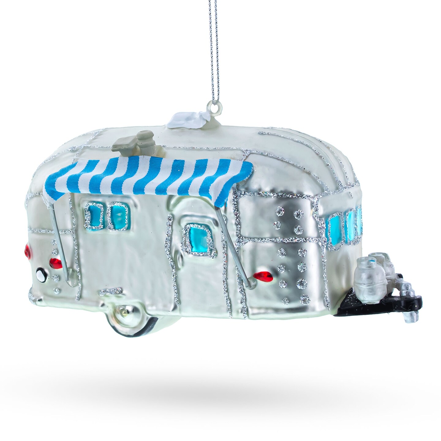 Camper Trailer with Awning Blown Glass Christmas Ornament
