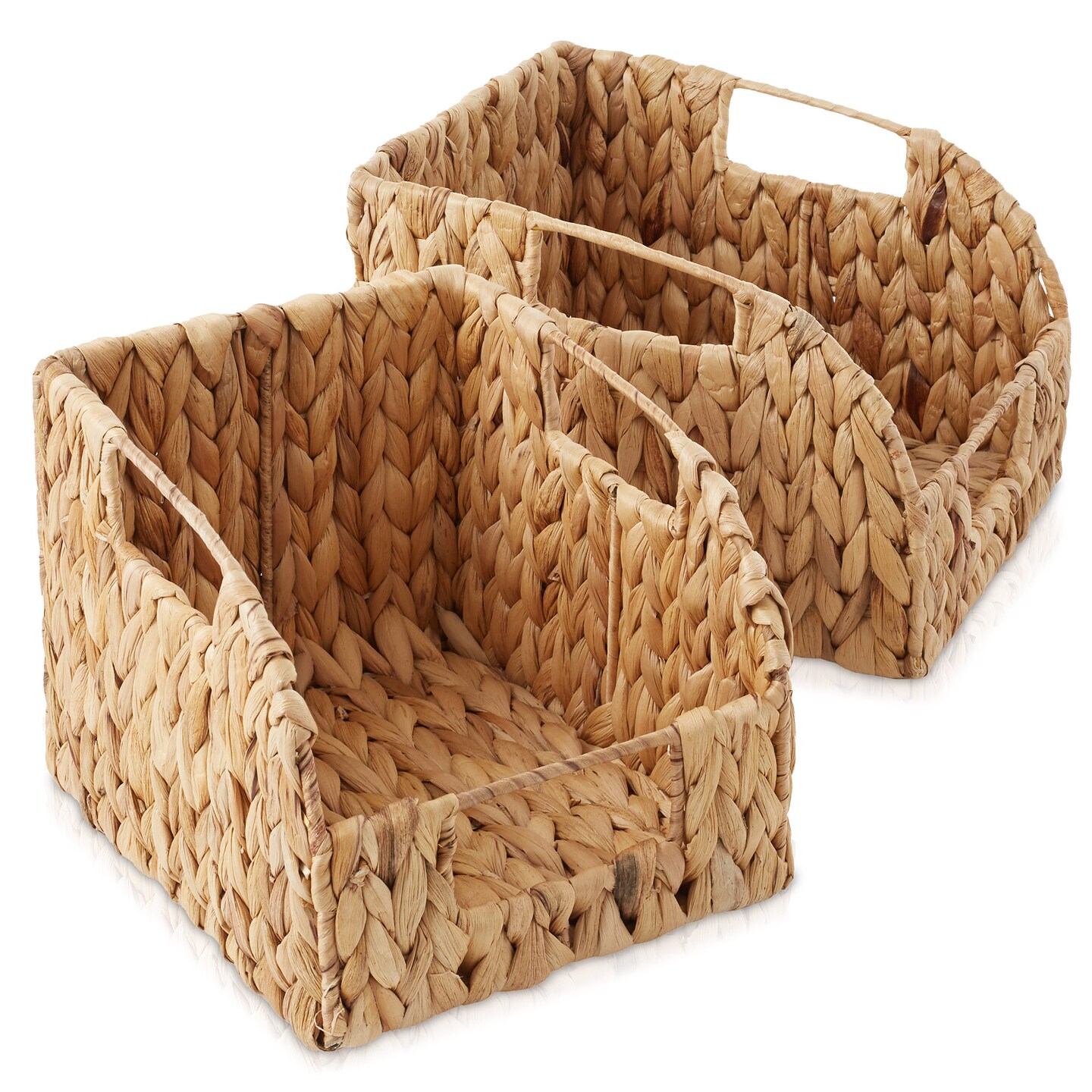 Casafield Set of 2 Water Hyacinth Pantry Baskets with Handles, Woven Storage Bin Organizers for Kitchen Shelves, Medium and Large Sizes