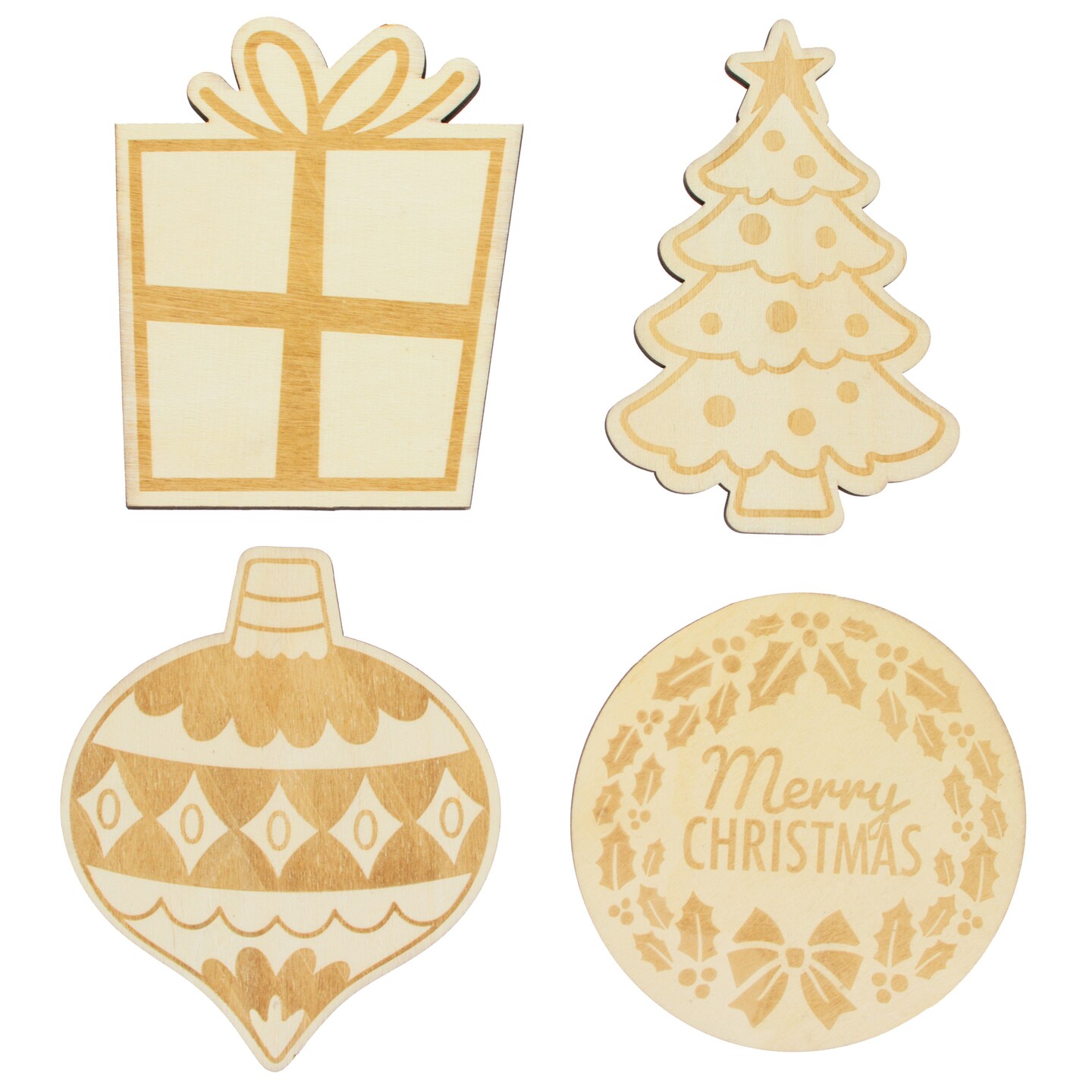 Set of 4 Unfinished Wooden Etched Traditional Christmas Theme Cutout DIY Craft 4.9 Inches