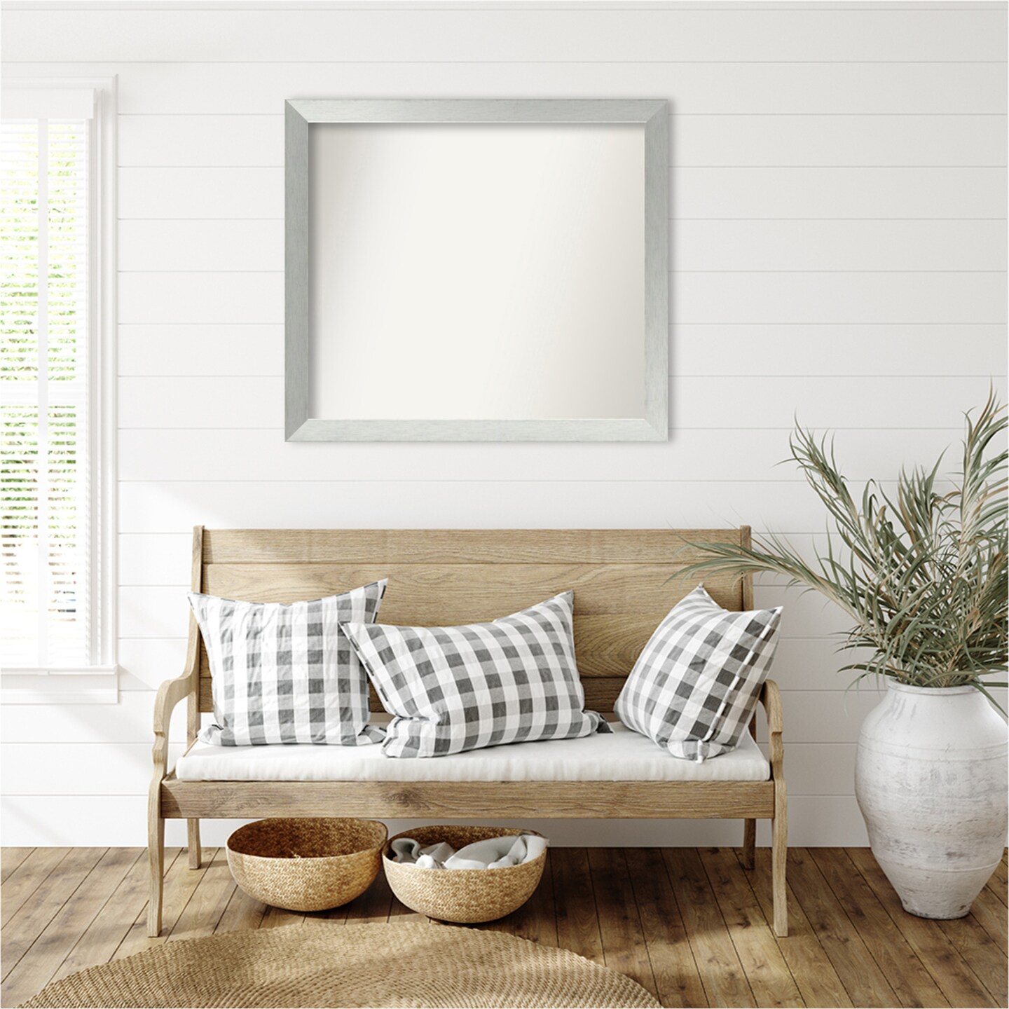 Brushed Sterling Silver Non-Beveled Custom Framed Bathroom Vanity Wall Mirror