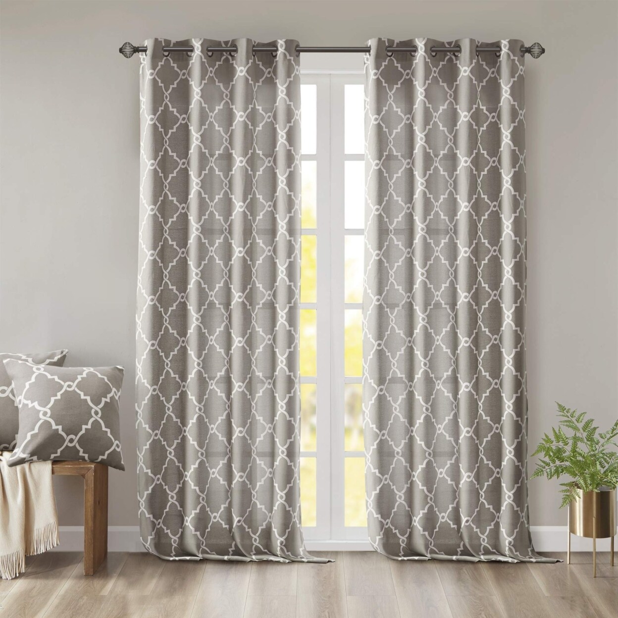 Madison Park   Saratoga Basketweave Grey Ground Light Beige Fretwork Print Window Curtain, 50x108, Silver Grommet Top