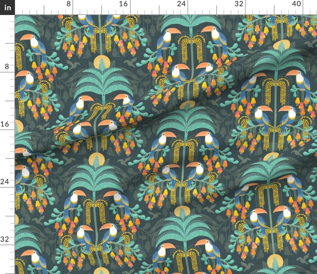 Rainforest Damask Dark Tropical Forest Exotic Birds Fruit Soft Orange Coral Salmon Bright Pastel Boho Yellow Mint Blue Large Scale Custom Printed Fabric by Spoonflower Various Fabrics by the Yard or Fat Quarter