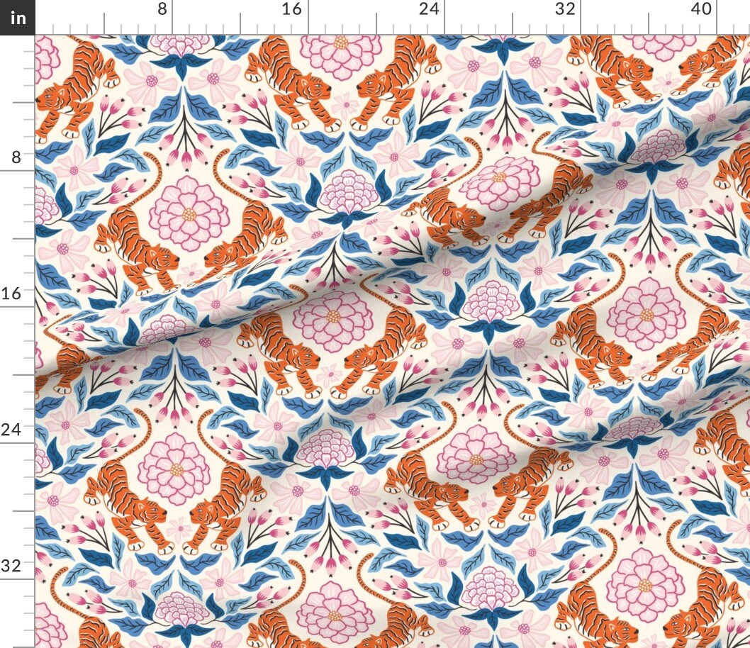 Maximalist Tropical Jungle Damask Exotic Botanical Floral Tiger Blue Custom Printed Fabric by Spoonflower Various Fabrics by the Yard or Fat Quarter