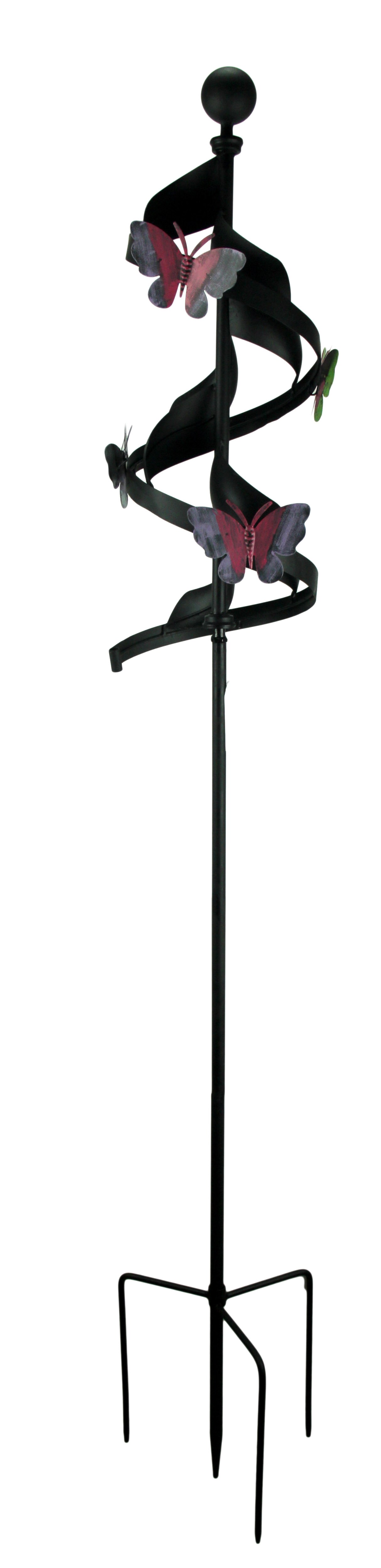 Black Metal Ribbon Pink Butterfly Wind Spinner Garden Stake