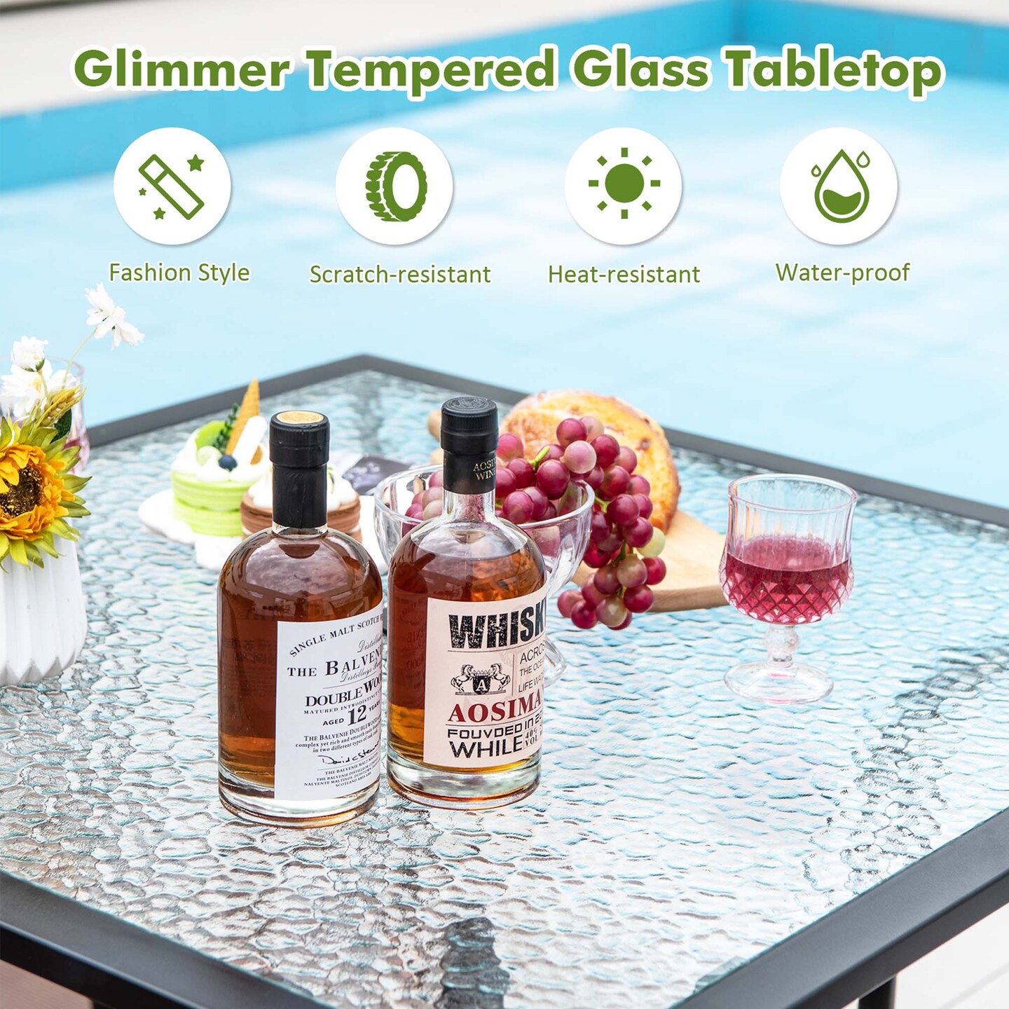 Costway 35&#x27;&#x27; Patio Dining Table Tempered Glass Top Bistro Table with 1.5&#x27;&#x27; Umbrella Hole
