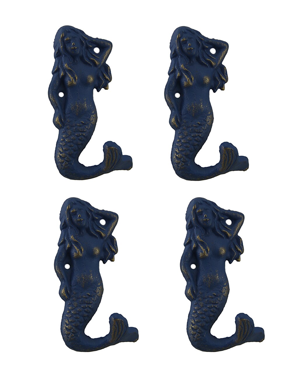 Set of 4 Blue Distressed Cast Iron Mermaids Decorative Wall Hook Set