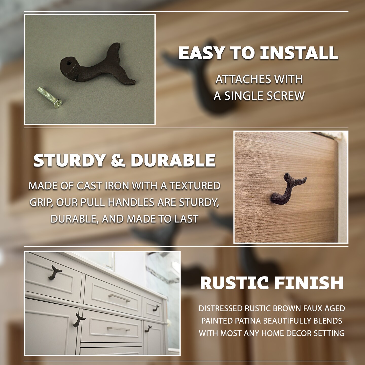 Cast Iron Whale Tail Drawer Pulls Cabinet Knobs Coastal Decor Handles Set of 12