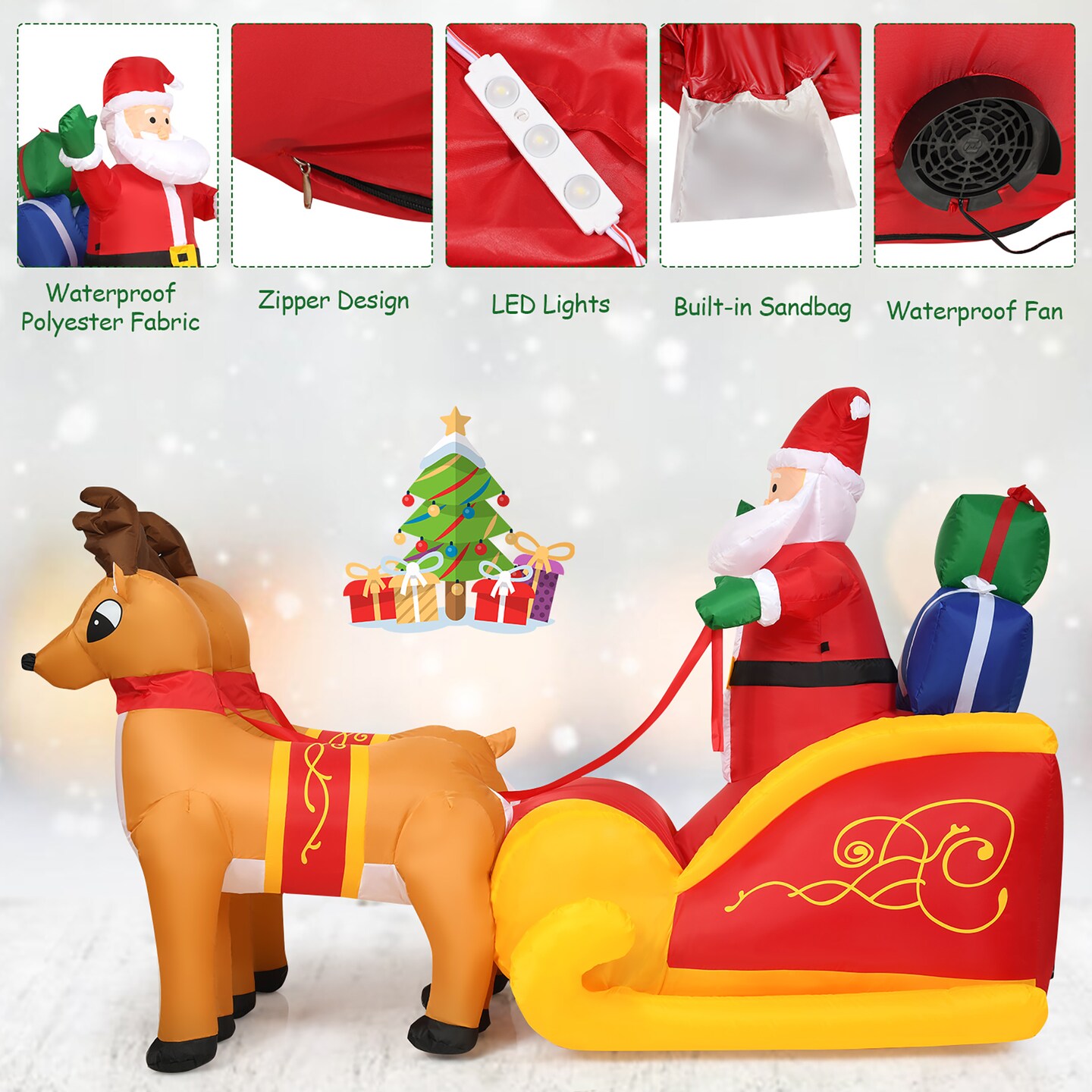 Costway 7.5 Ft Inflatable Santa Double Deer w/Sled Waterproof Christmas Outdoor Decoration