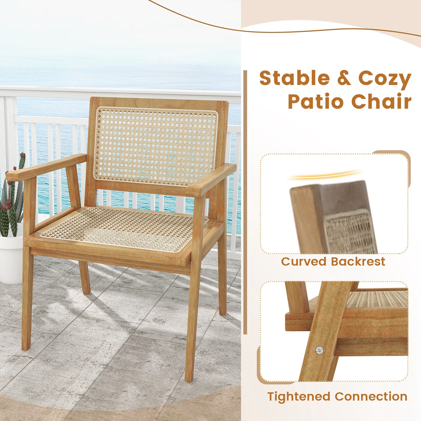 Costway 1/2 PCS Wood Chair Indonesia Teak Wood Armchair with Natural Rattan Seat &#x26; Back Patio Chair for Porch