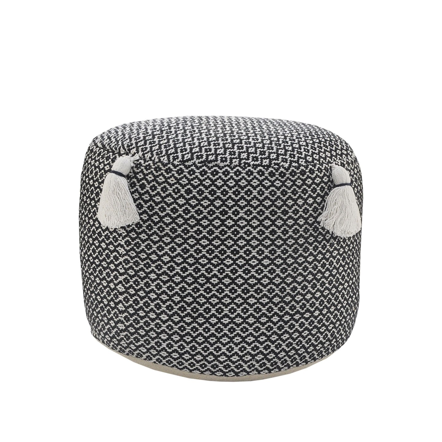 Laddha Home Designs 18&#x22; Black and White Geometric Handcrafted Round Pouf Ottoman with Tassels