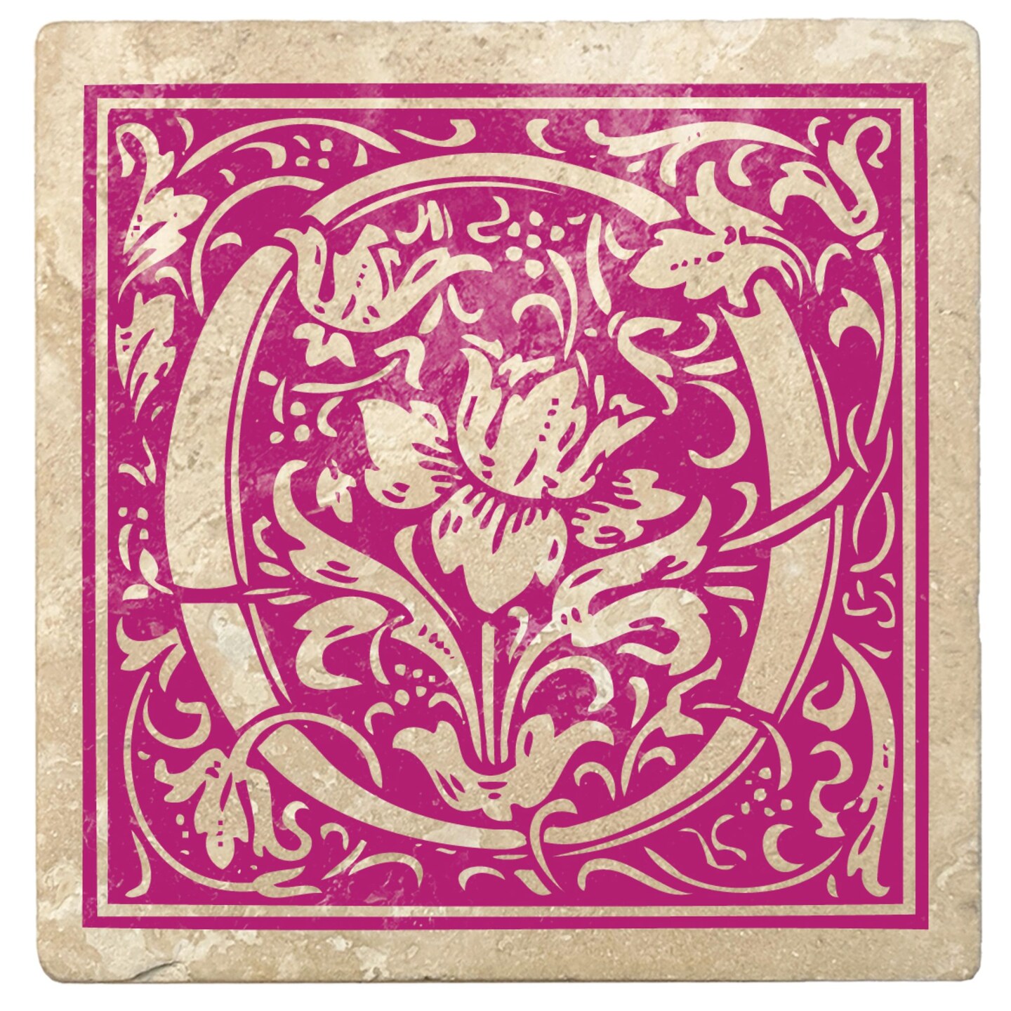 Christmas by Krebs 4pc Ivory and Tutti Frutti Pink Alphabet "O" Square Monogram Coasters 4"