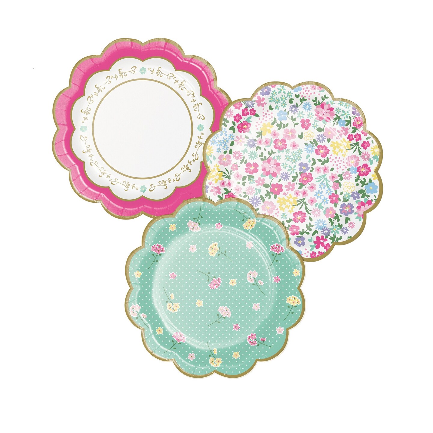 Party Central Club Pack of 96 Green and Pink Floral Shaped Tea Party Round Dessert Plates 7&#x22;