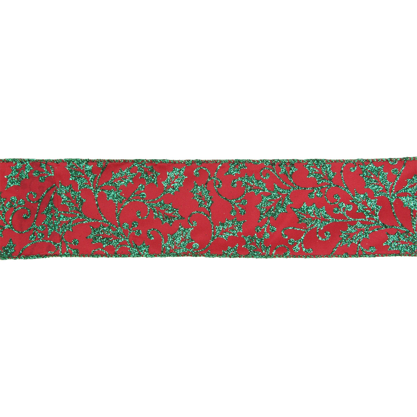 Northlight Sparkly Red and Green Holly Christmas Wired Craft Ribbon 2.5&#x22; x 16 Yards