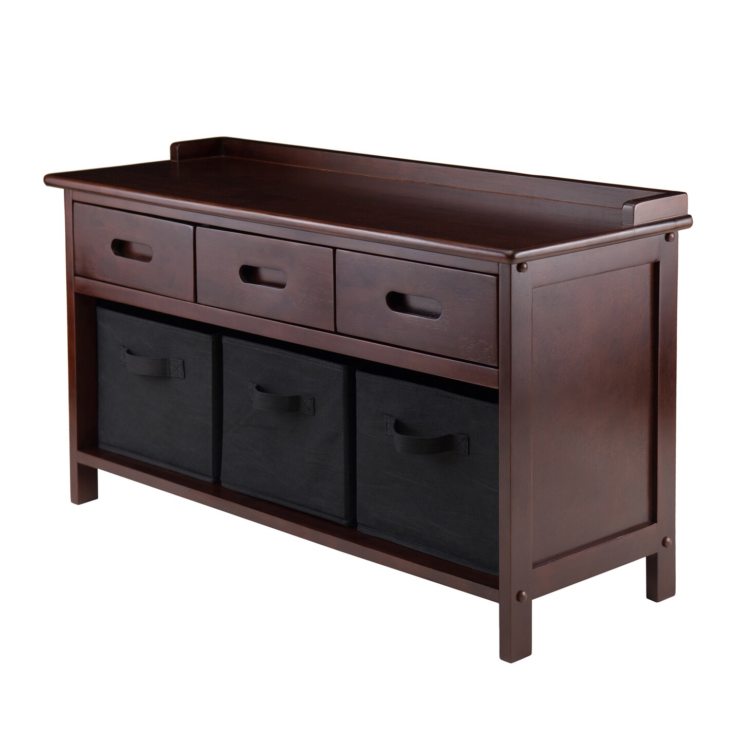Contemporary Home Living 38.25&#x22; Walnut Wood Storage Bench with 3 Foldable Black Fabric Baskets